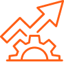 Orange icon of a gear with a rising arrow above it representing growth and productivity.