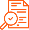 Orange icon of a document with a magnifying glass and a checkmark.