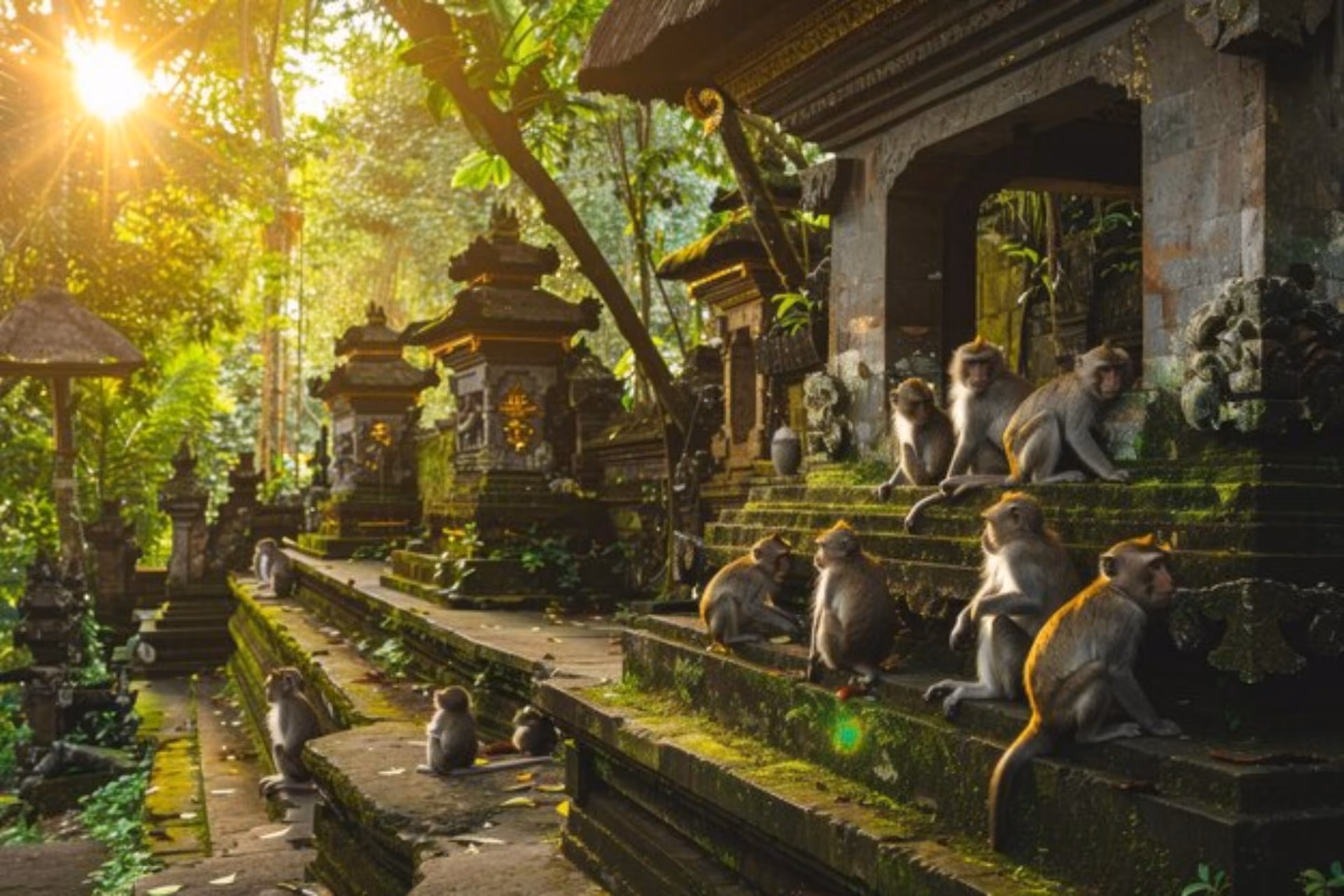 Monkeys resting on the temple stairs in the forest