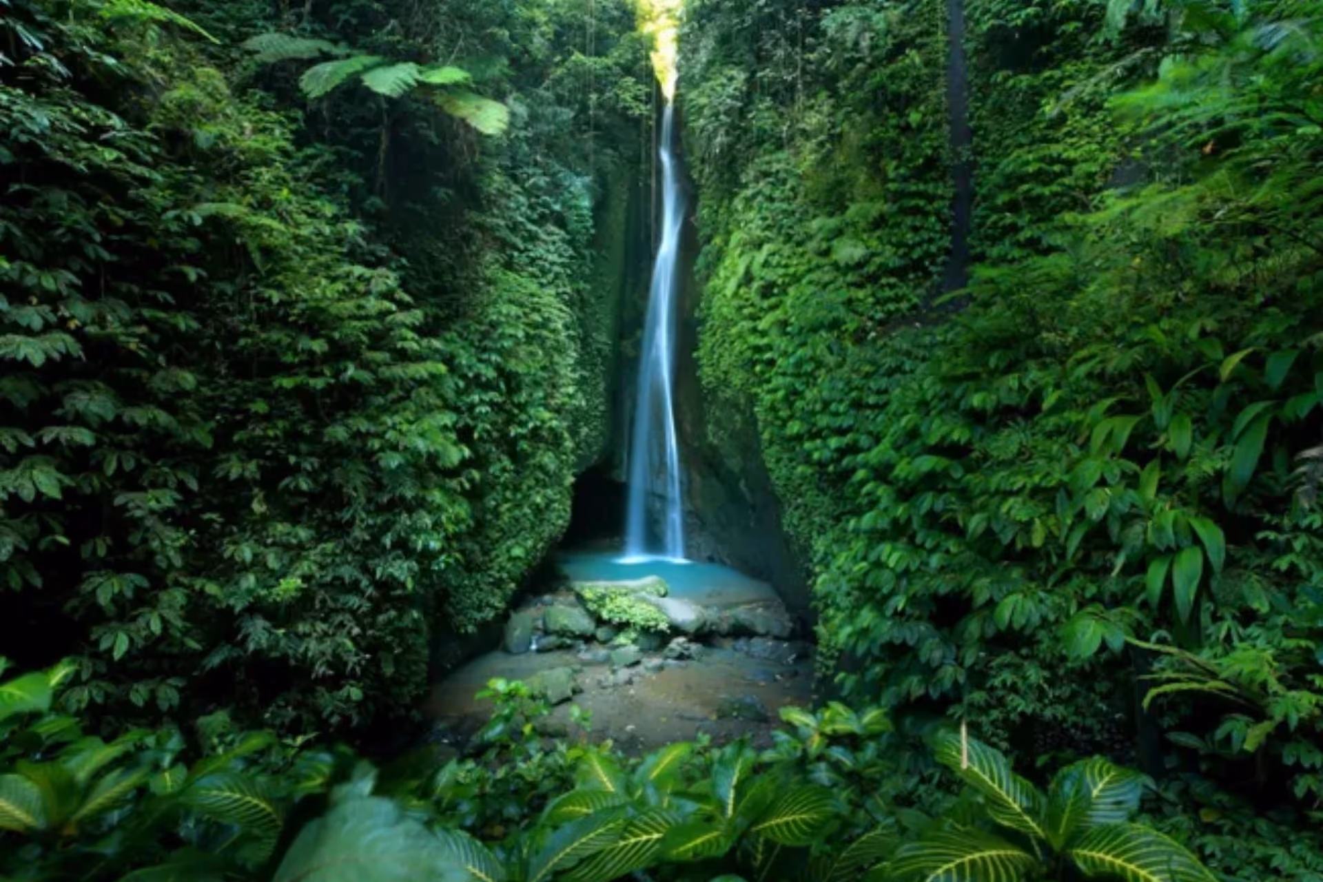 Leke Leke Waterfall surrounded by dense greenery.