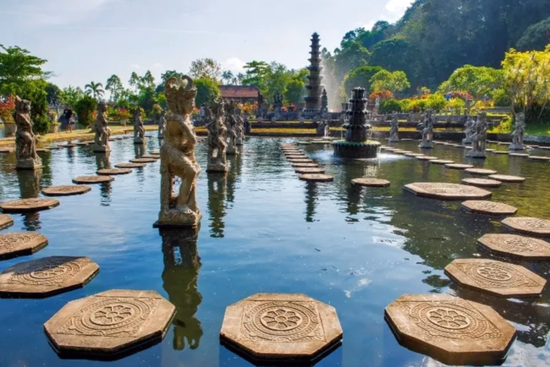 A view of water fountains at Tirta Gangga Water Palace.
