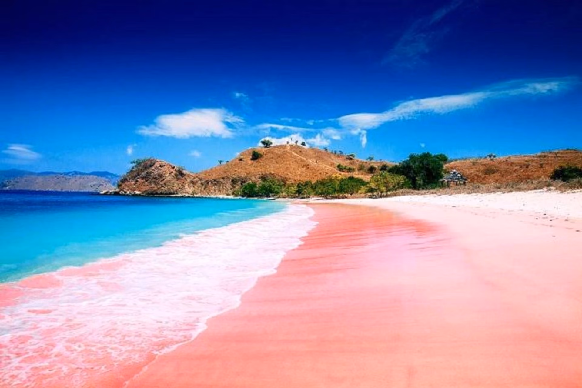 Pink Beach with blue water and brown hills