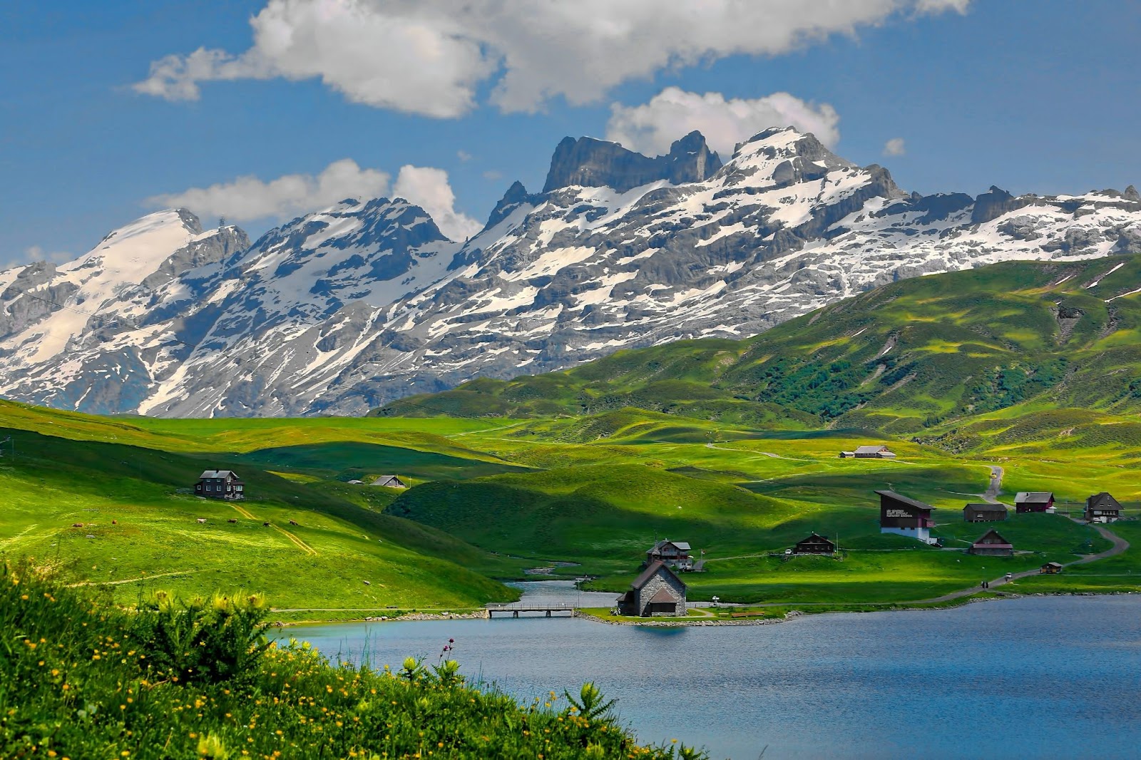 Snow-covered Swiss mountains with green meadows and a blue alpine lake.