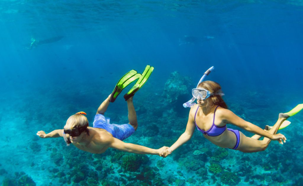 Couples snorkeling underwater, holding hands above colorful coral in clear water.