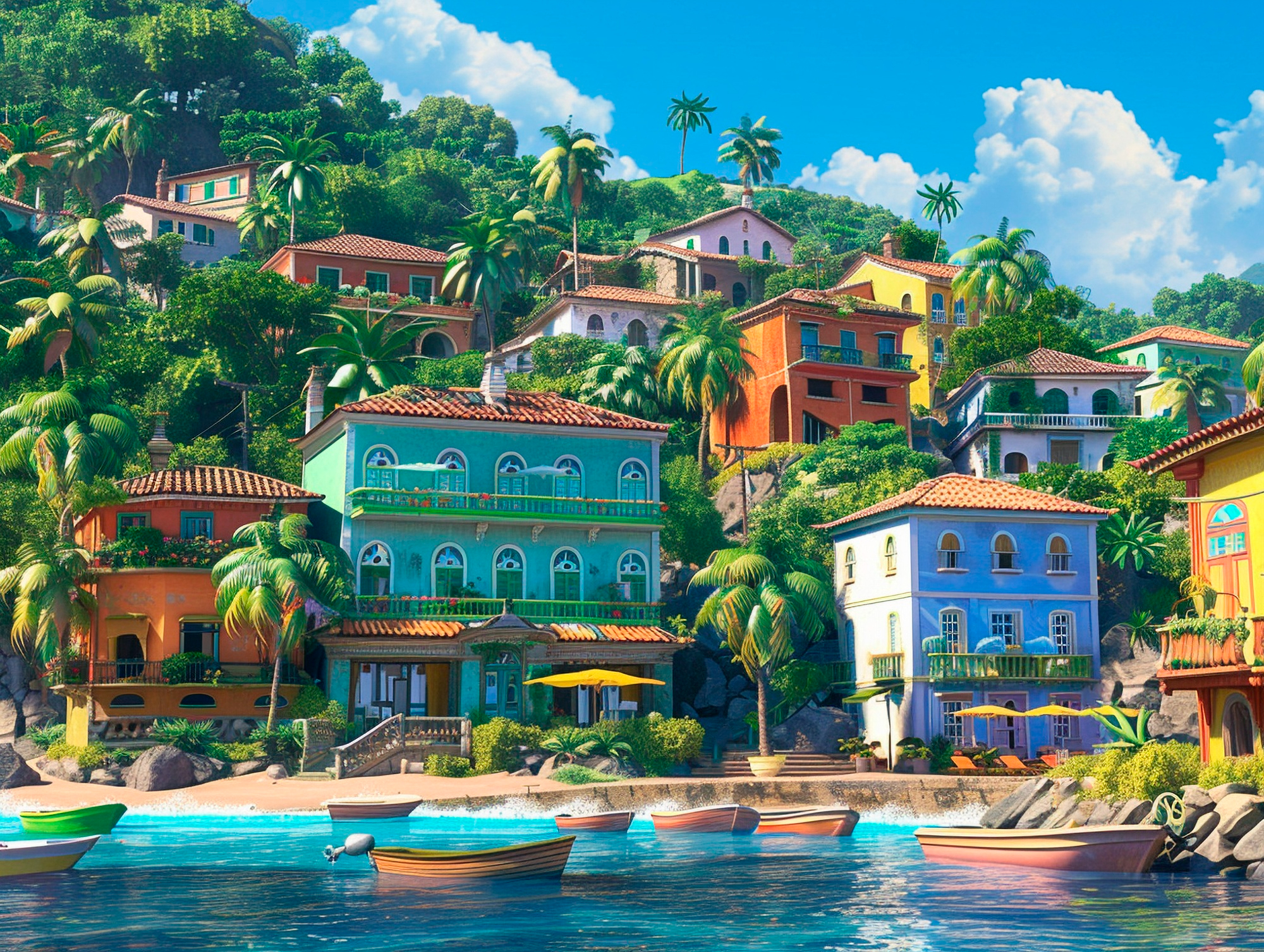 View of Roseau in Dominica, showing colorful city buildings, greenery, and a cruise ship docked by the Caribbean Sea.