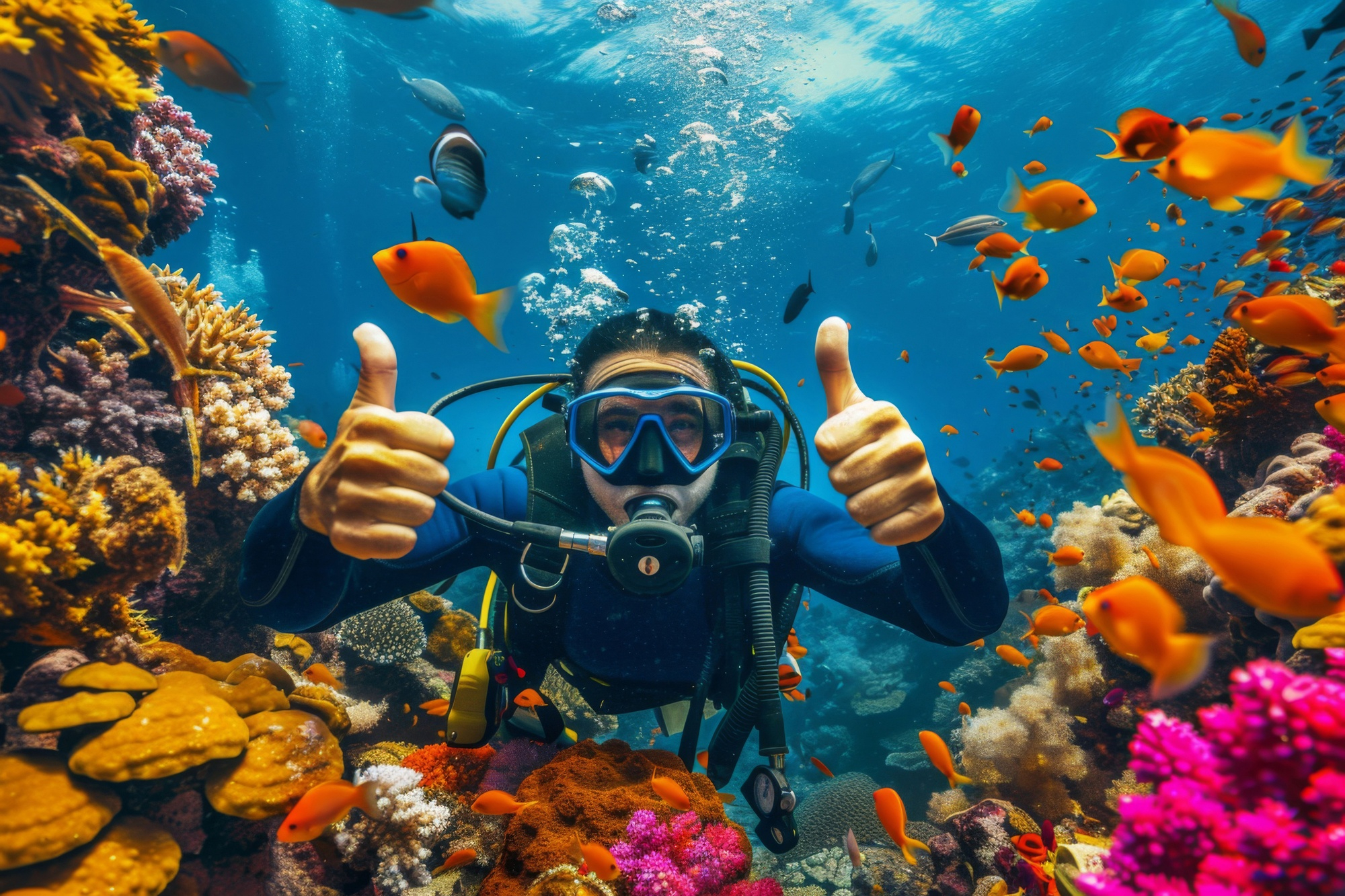 scuba diving underwater, among golden fish in the clear blue sea.