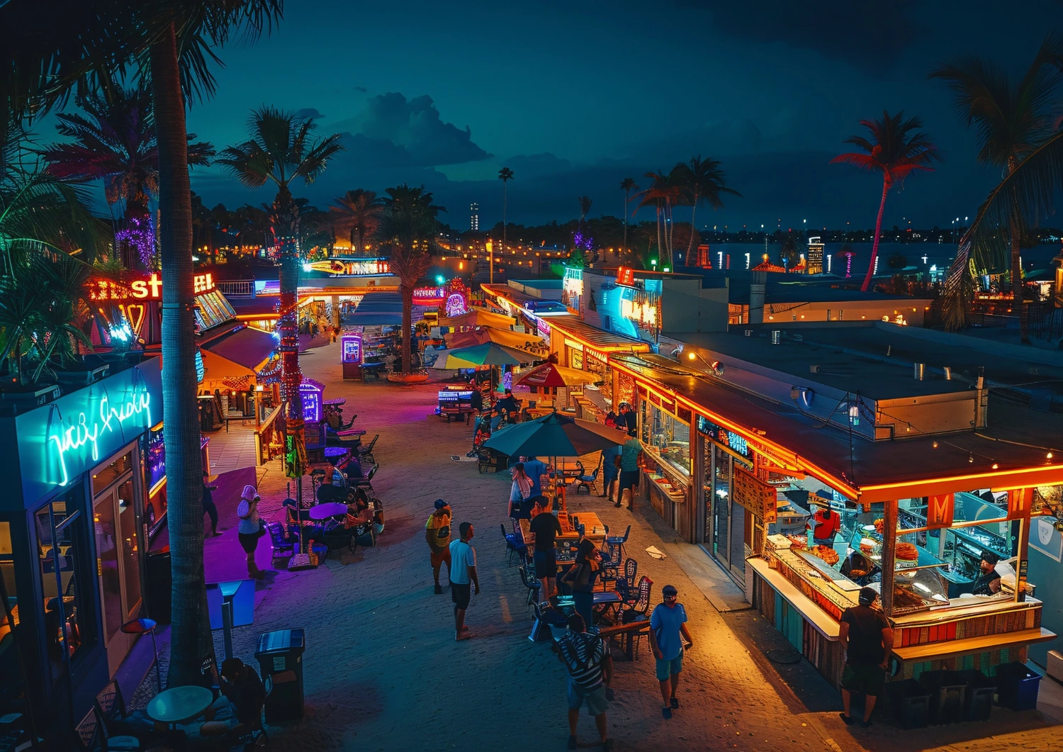 Phuket Weekend Market with colorful shopfronts, lights, and a lively crowd exploring food and stalls.