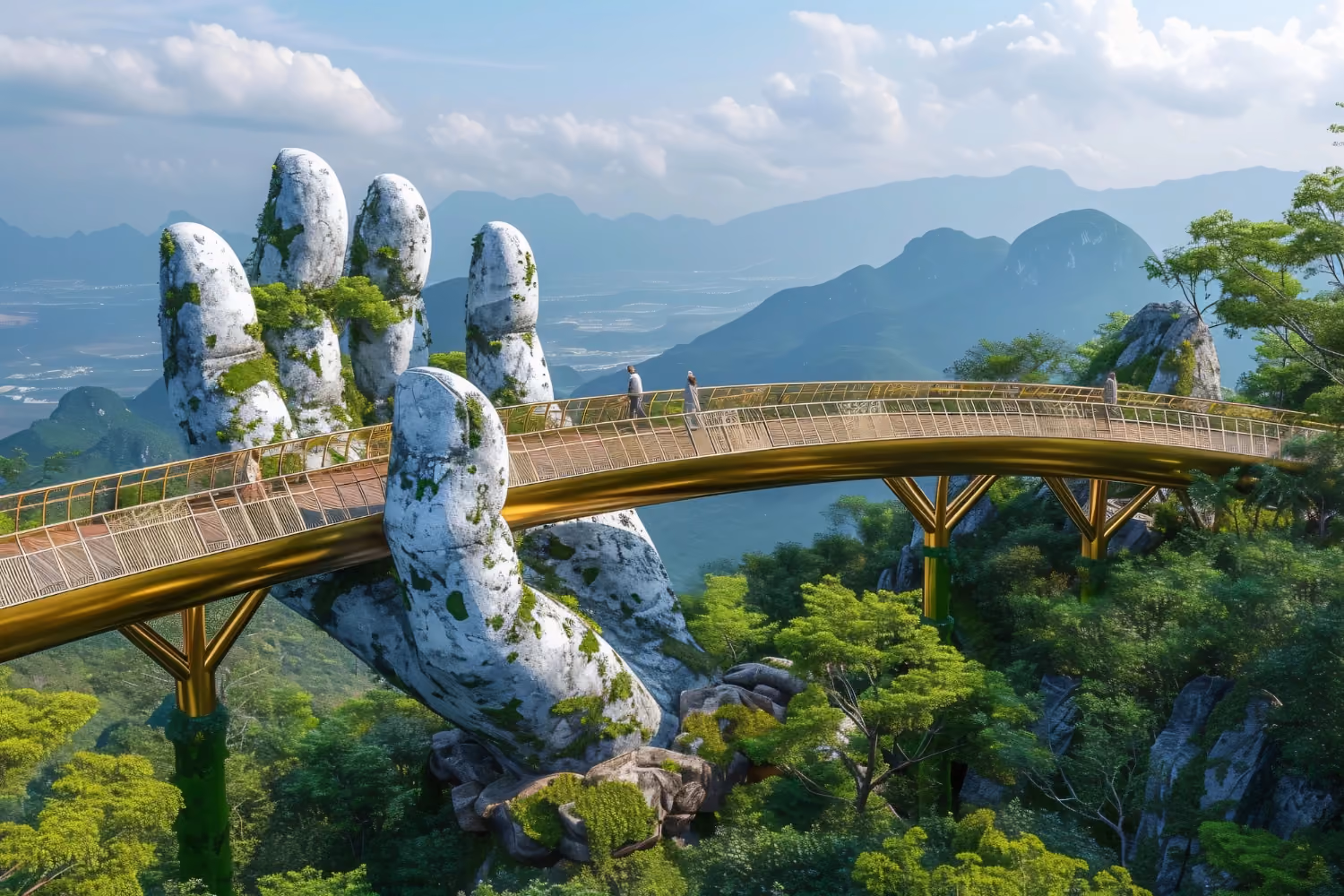 The Golden Bridge in Da Nang supported by two giant stone hands, with a stunning view of mountains and a sunrise.