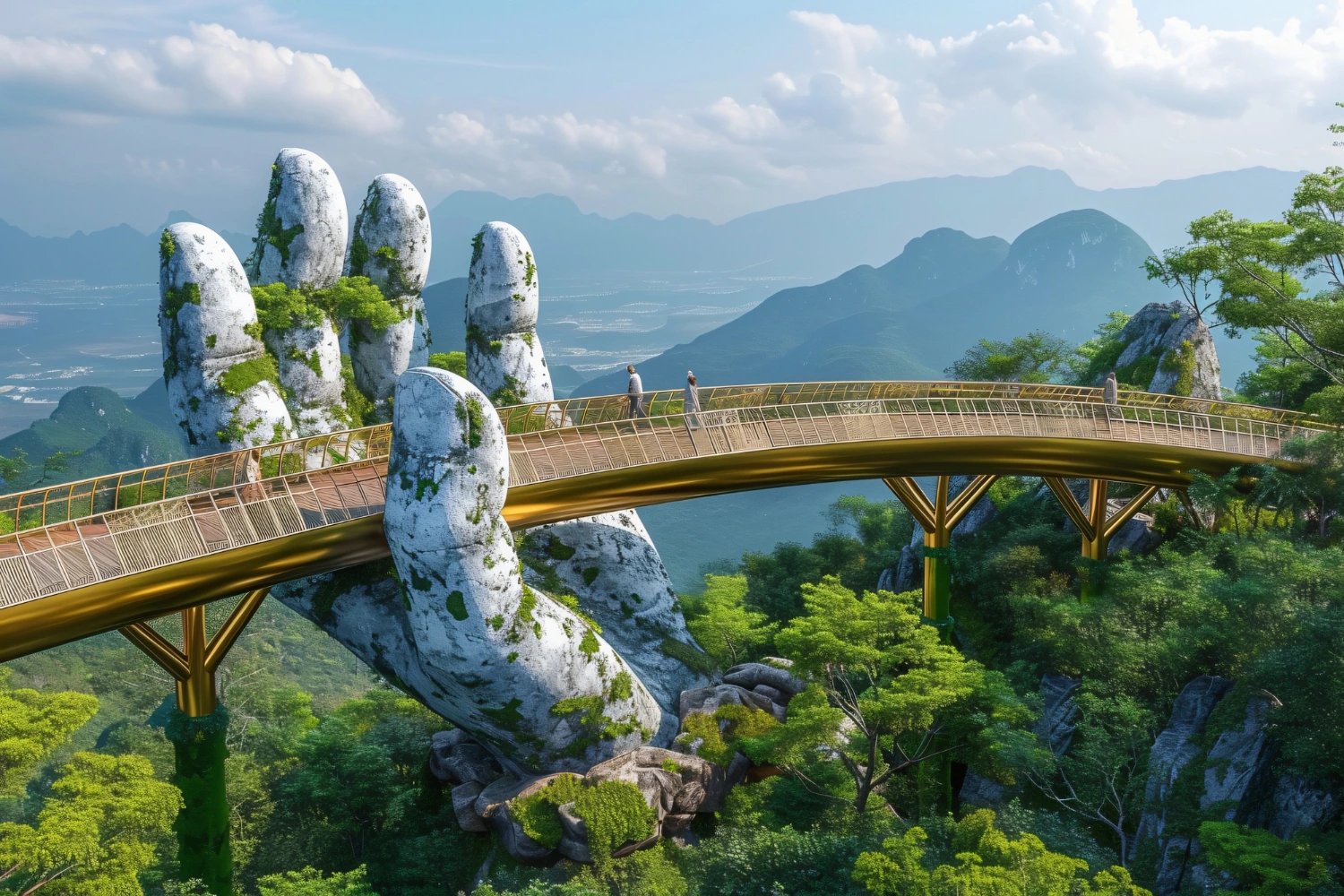 The Golden Bridge in Da Nang supported by two giant stone hands, with a stunning view of mountains and a sunrise