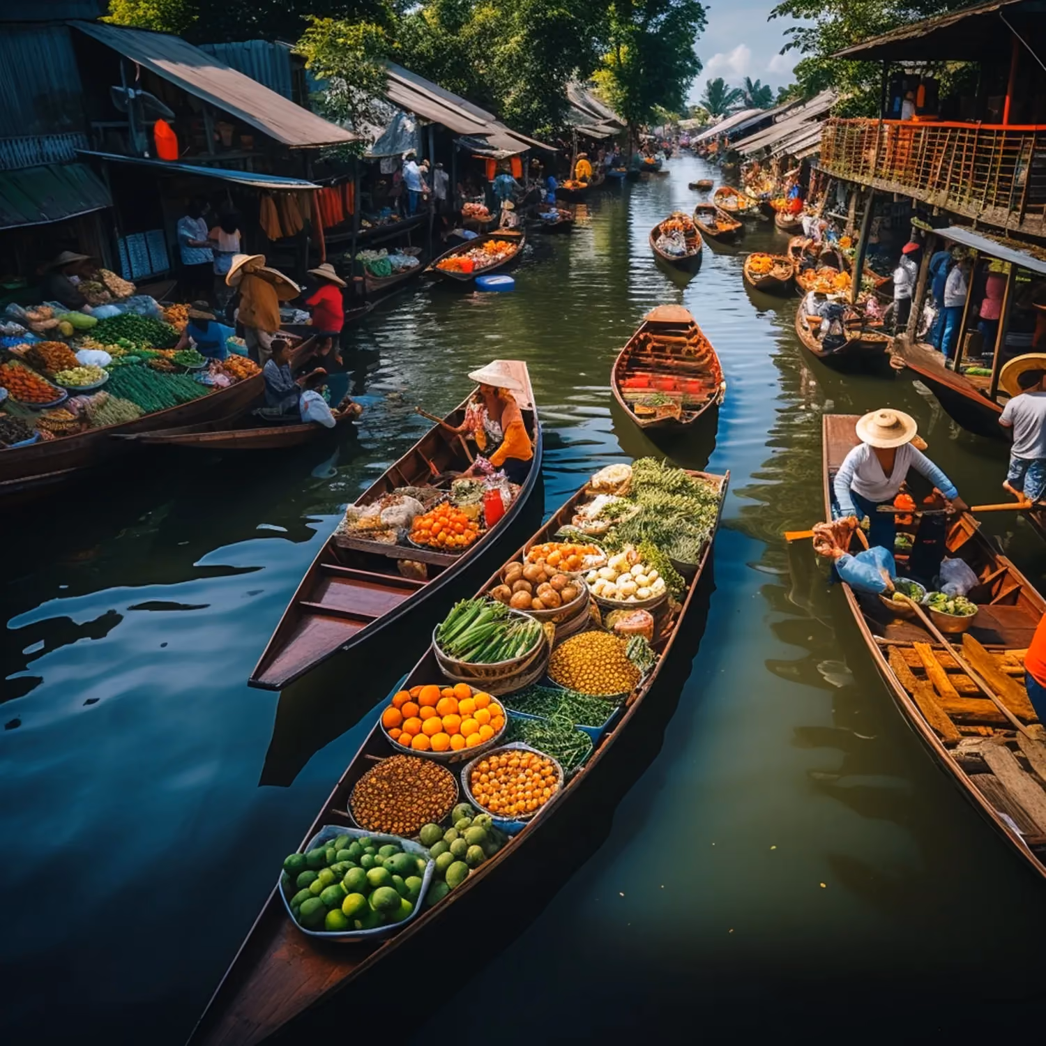 Cai Be Floating Market in Vietnam’s Mekong Delta, with colorful boats packed with produce and locals.