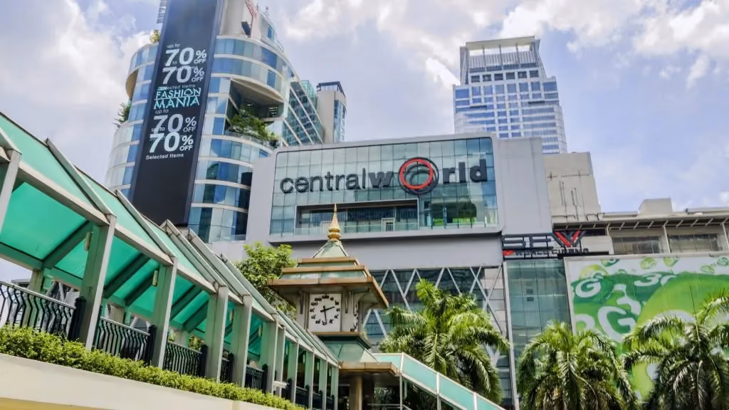 CentralWorld shopping mall in Bangkok, Thailand, with modern architecture and bustling surroundings