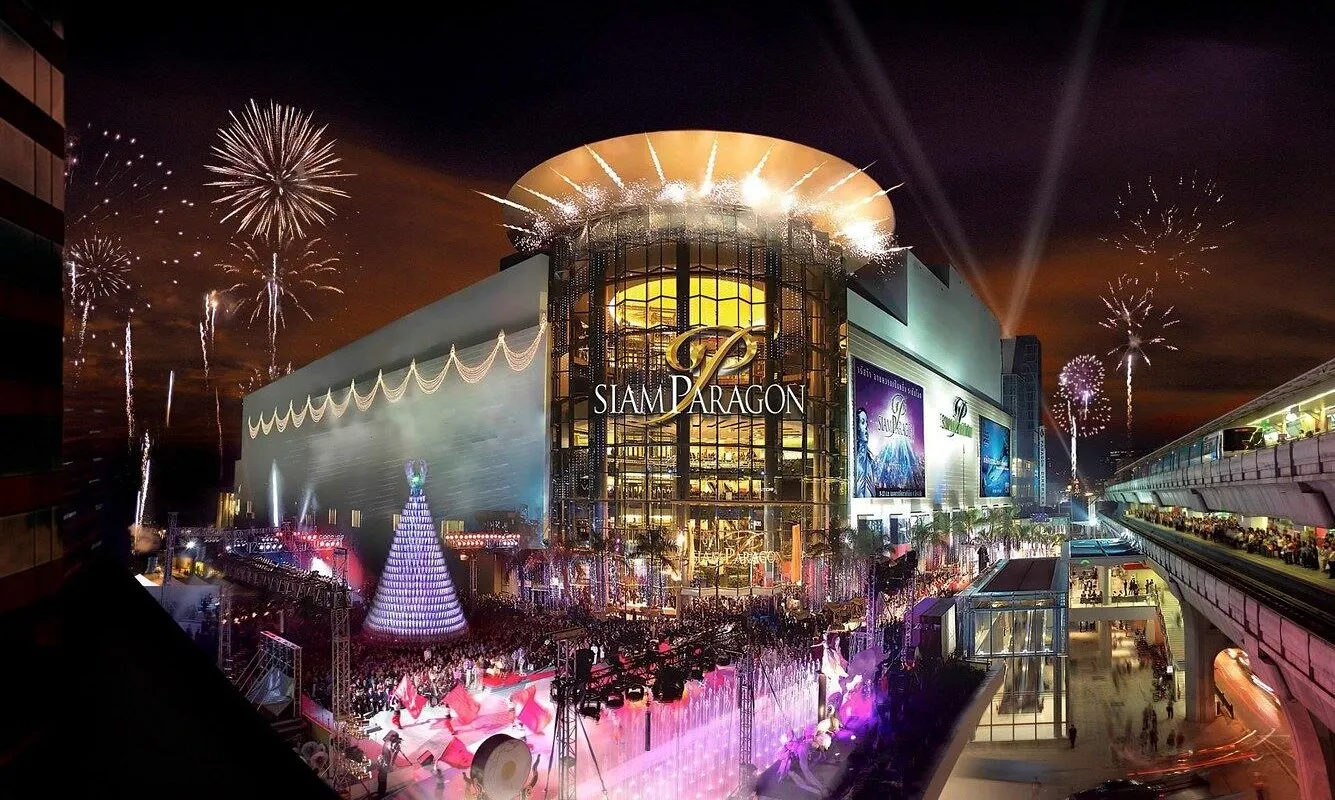 View of Siam Paragon in Bangkok, a luxury shopping mall with modern architecture.