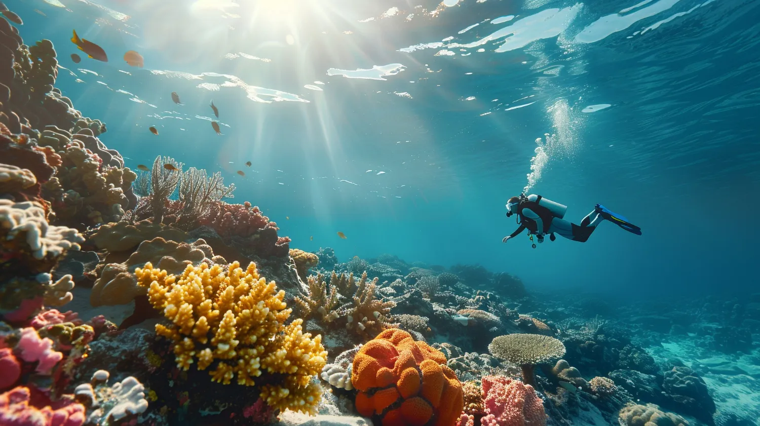 Couples snorkeling underwater, holding hands above colorful coral in clear water.