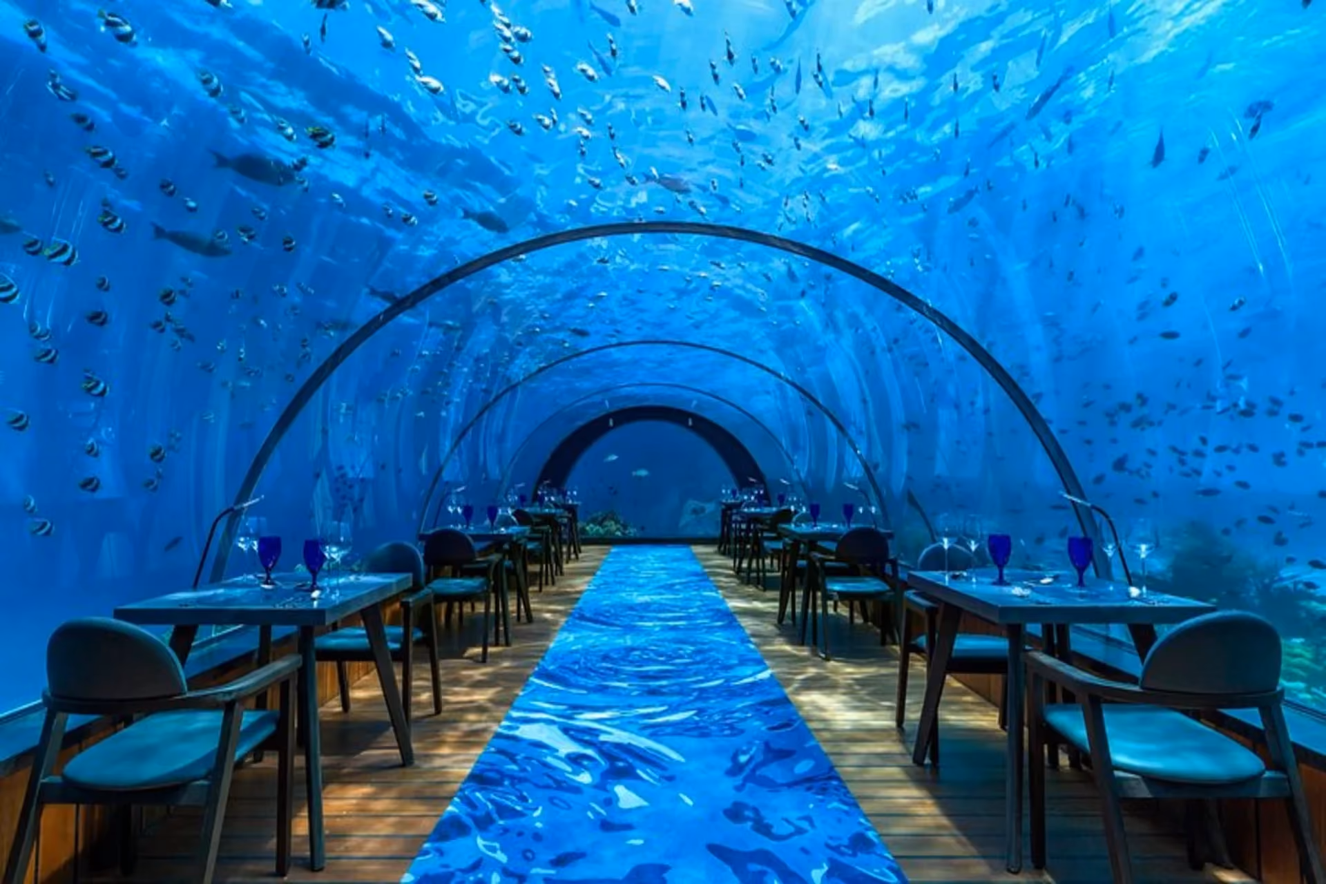 A stylish underwater lounge and dining spot, glowing beneath the waves.