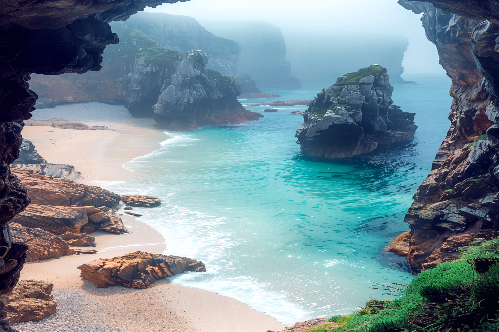 Golden sands, towering cliffs, and peaceful moments — romance carved by nature.