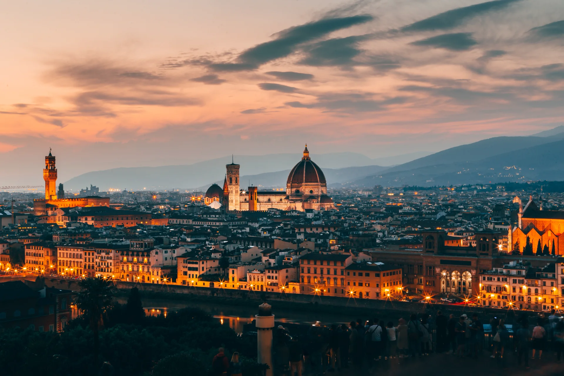 Florence Italy aerial sunset Duomo city lights – best country to visit in November for 7-day couple vacation