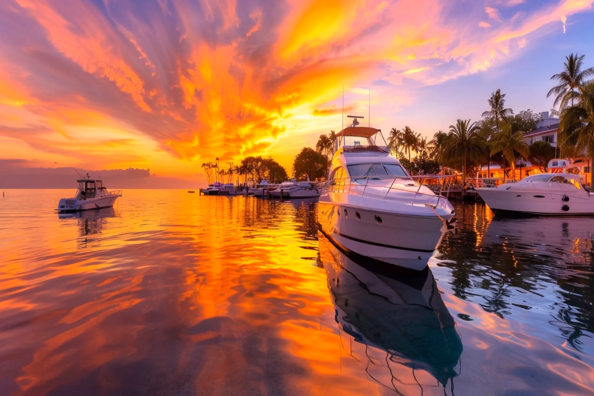 luxury yachts docked at Thailand marina during stunning orange sunset with palm trees, showcasing Thailand sunset cruise relaxation experience vs UAE