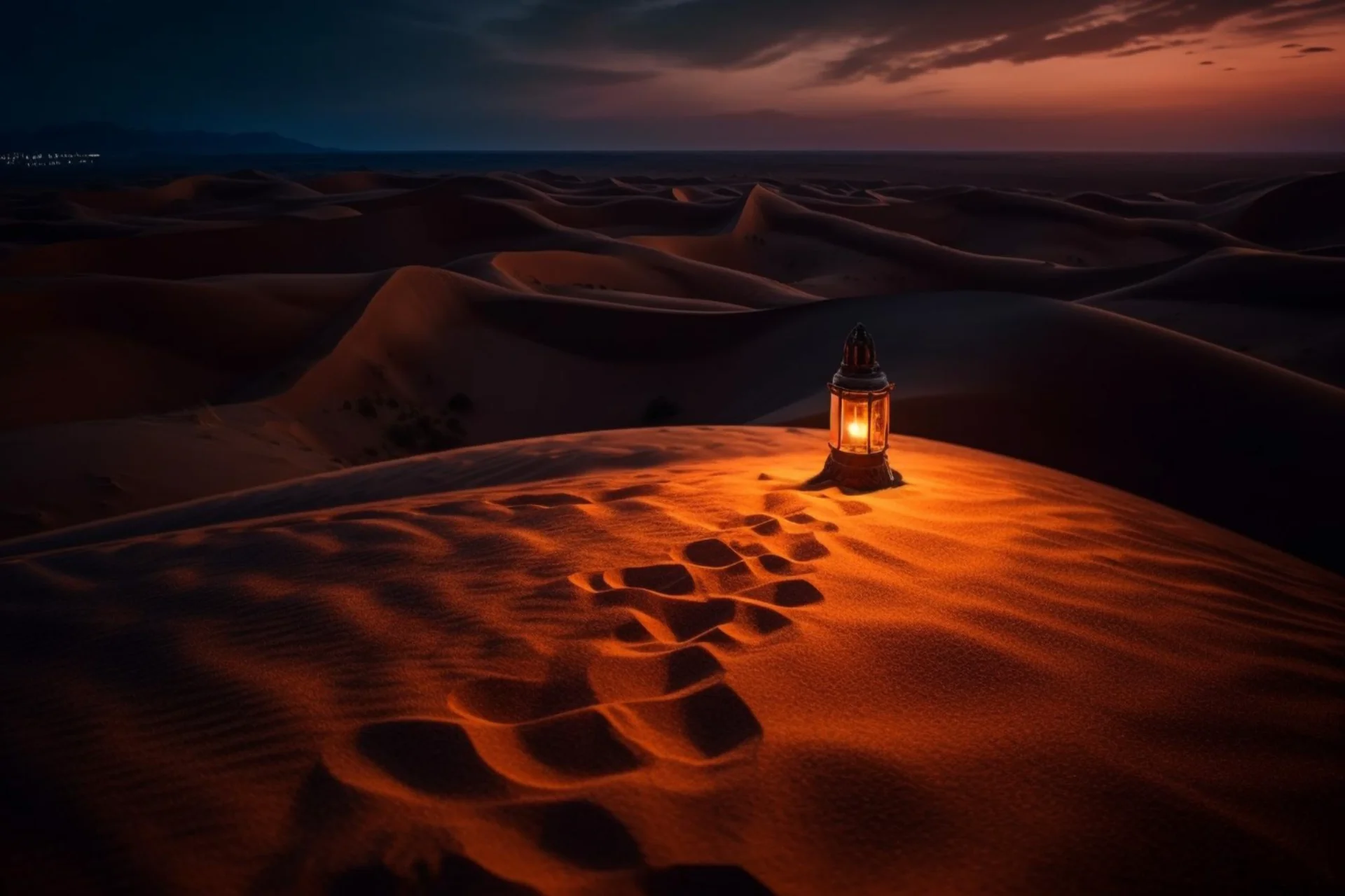 UAE sand dune beneath a dramatic twilight sky — nighttime desert experiences like Bedouin camps, stargazing, and cultural dinners under the stars are a uniquely Emirati cultural heritage offering.