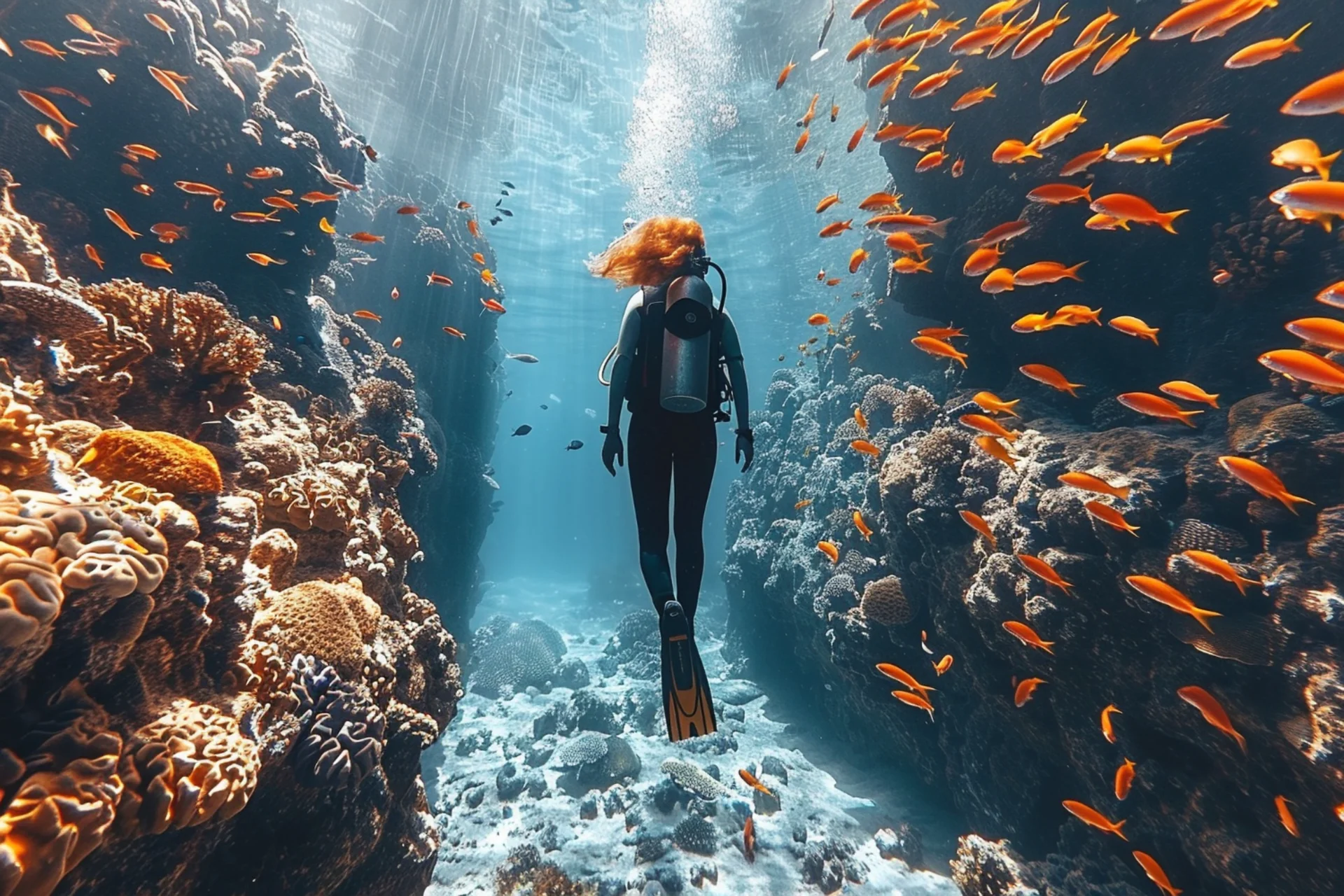 Diver explores vibrant coral reef teeming with tropical fish in the Maldives vs Mauritius ultimate activity comparison