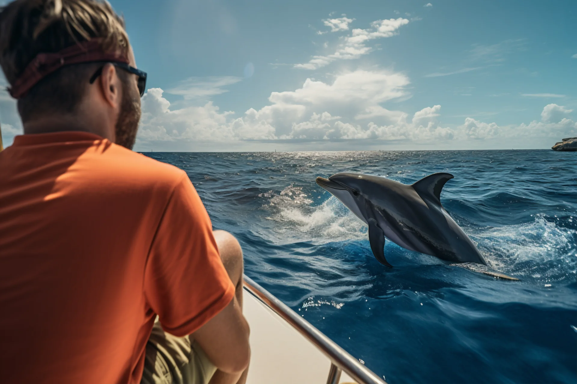 Spinner dolphin jumping out of ocean next to tourist boat, Mauritius dolphin watching cruise