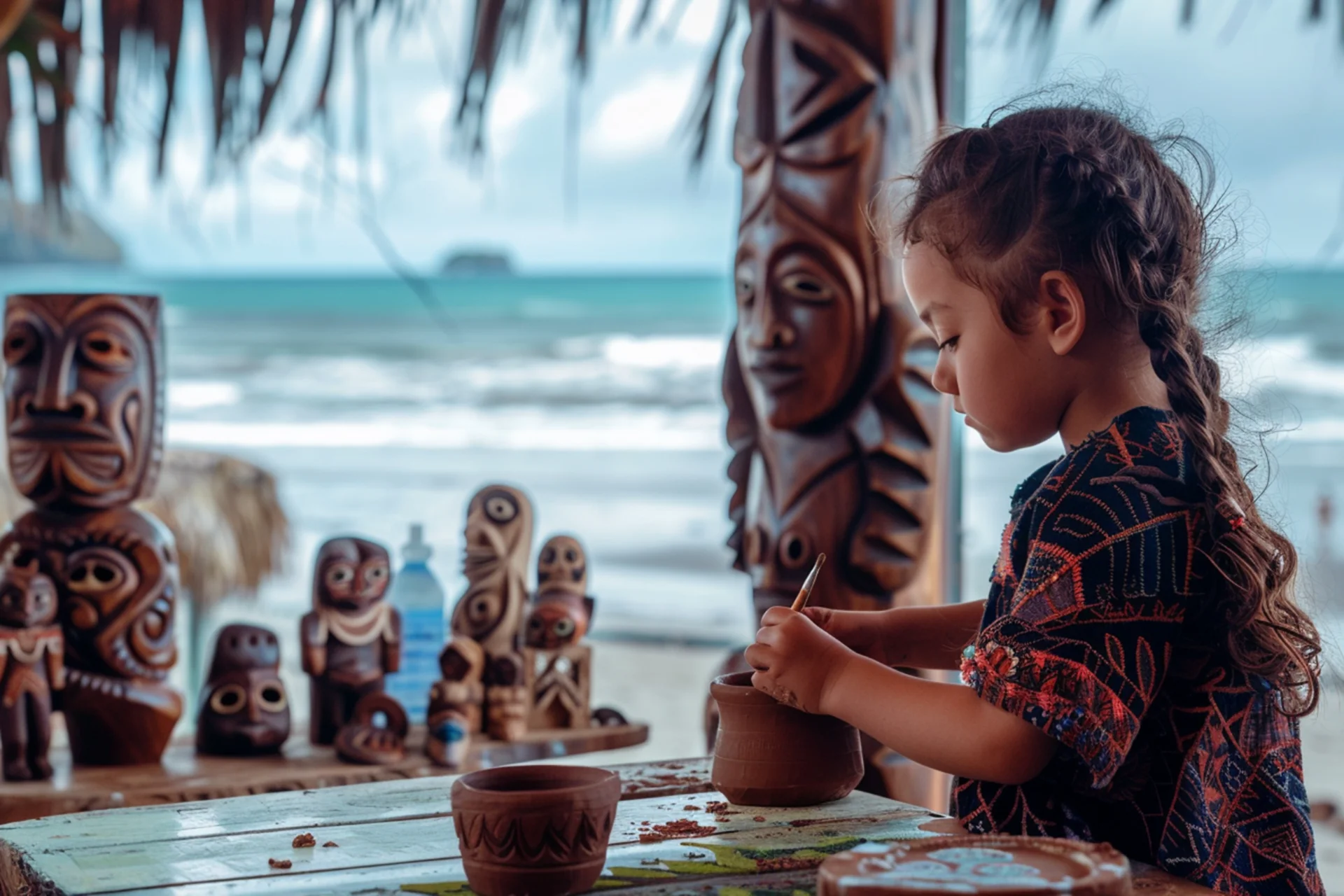  traditional dress carving clay pottery with tribal wood sculptures, Mauritius culture and heritage