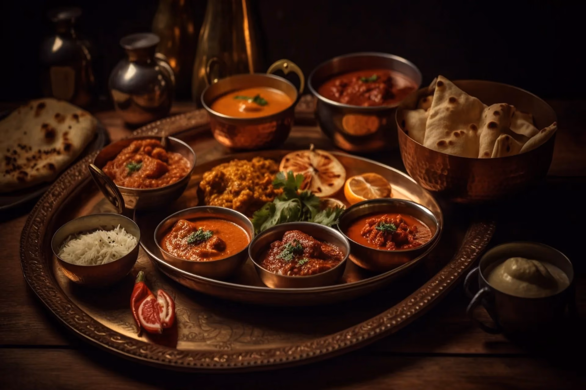 Authentic Indian thali spread with curries, naan, rice and dal in copper bowls, representing Indian meal options available in Bali and Thailand for daily Indian food