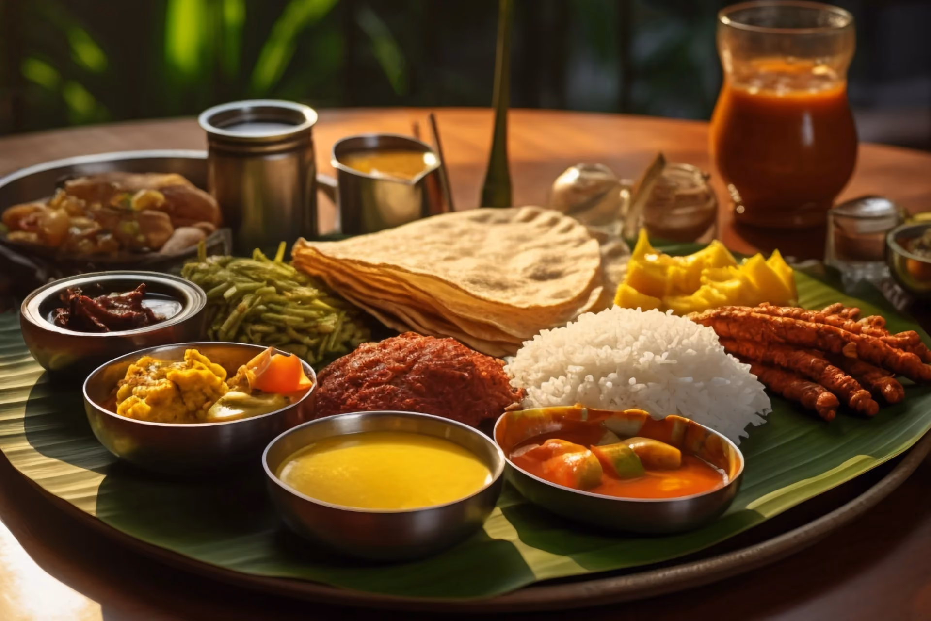 Traditional Indian thali with rice, dal, curries, and chapati on a banana leaf — Indian food availability compared in Cambodia vs Sri Lanka: Which Is Easier If You Need Indian Food Daily