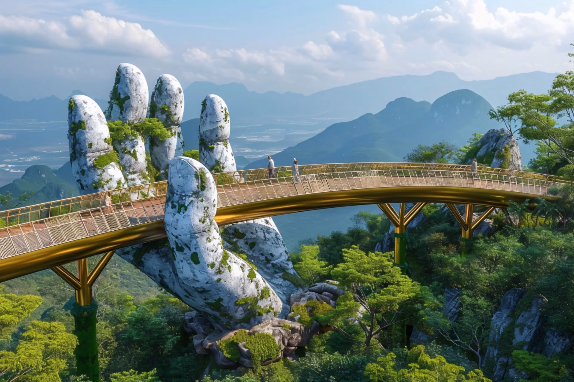 Golden Bridge in Vietnam’s Ba Na Hills, featuring giant stone hands supporting the curved bridge above lush green mountains.