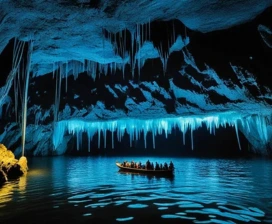 Boat on underground lake in Waitomo Caves with glowing rocks