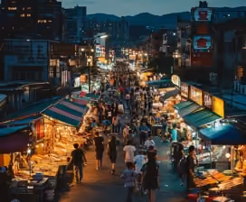 Crowded night market in Auckland with lit food stalls