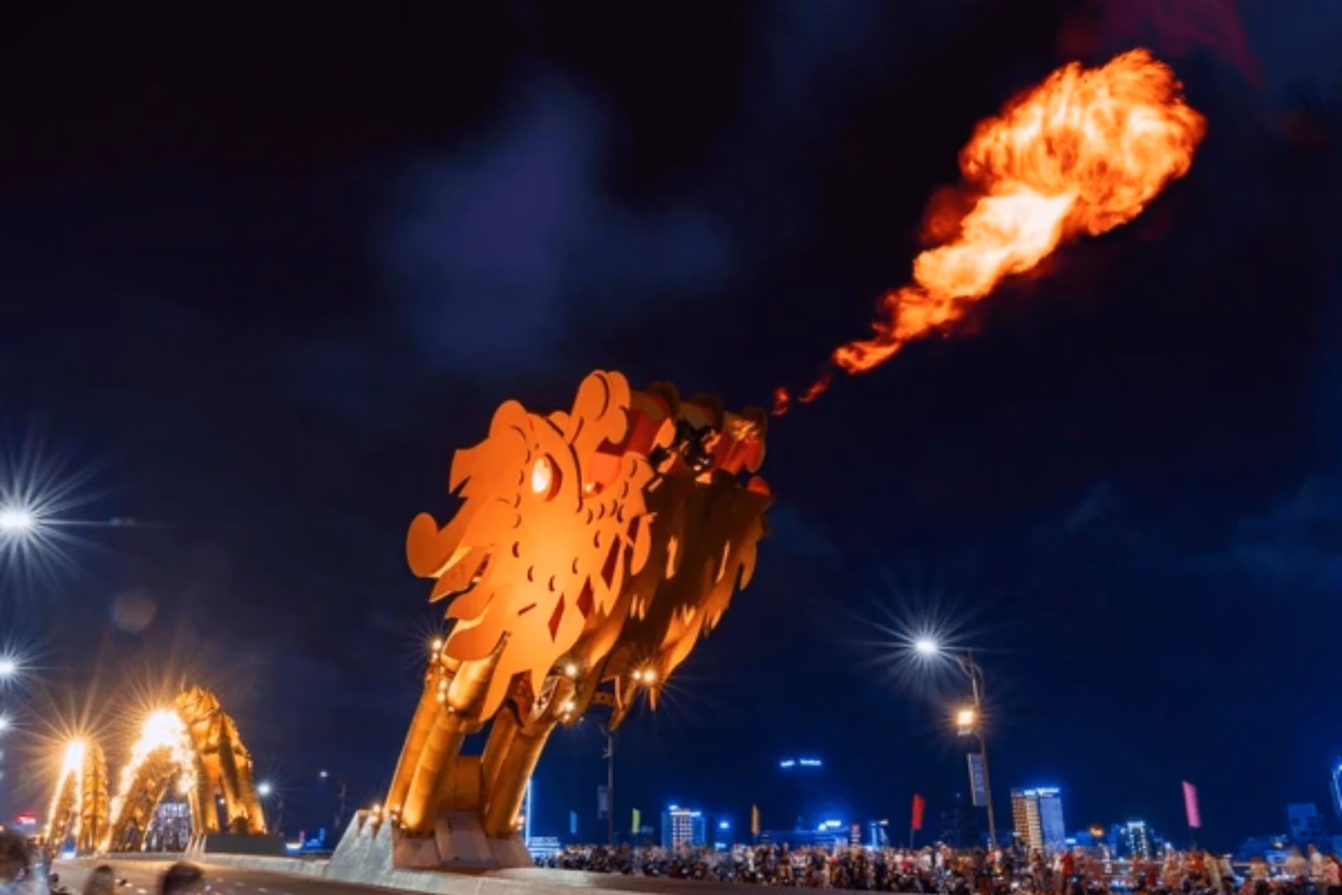 Dragon Bridge in Da Nang breathing fire at night