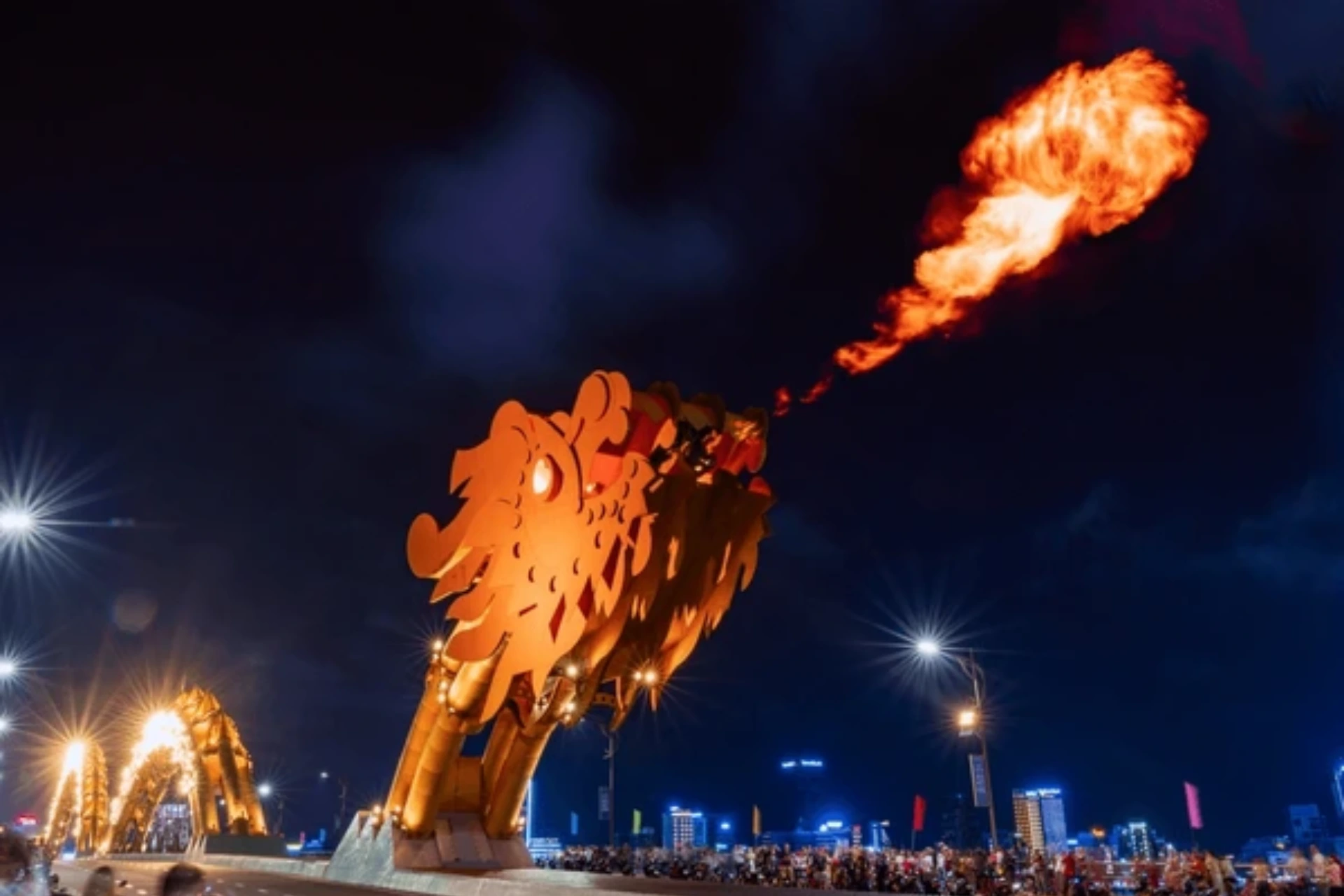 Dragon Bridge in Da Nang breathing fire at night