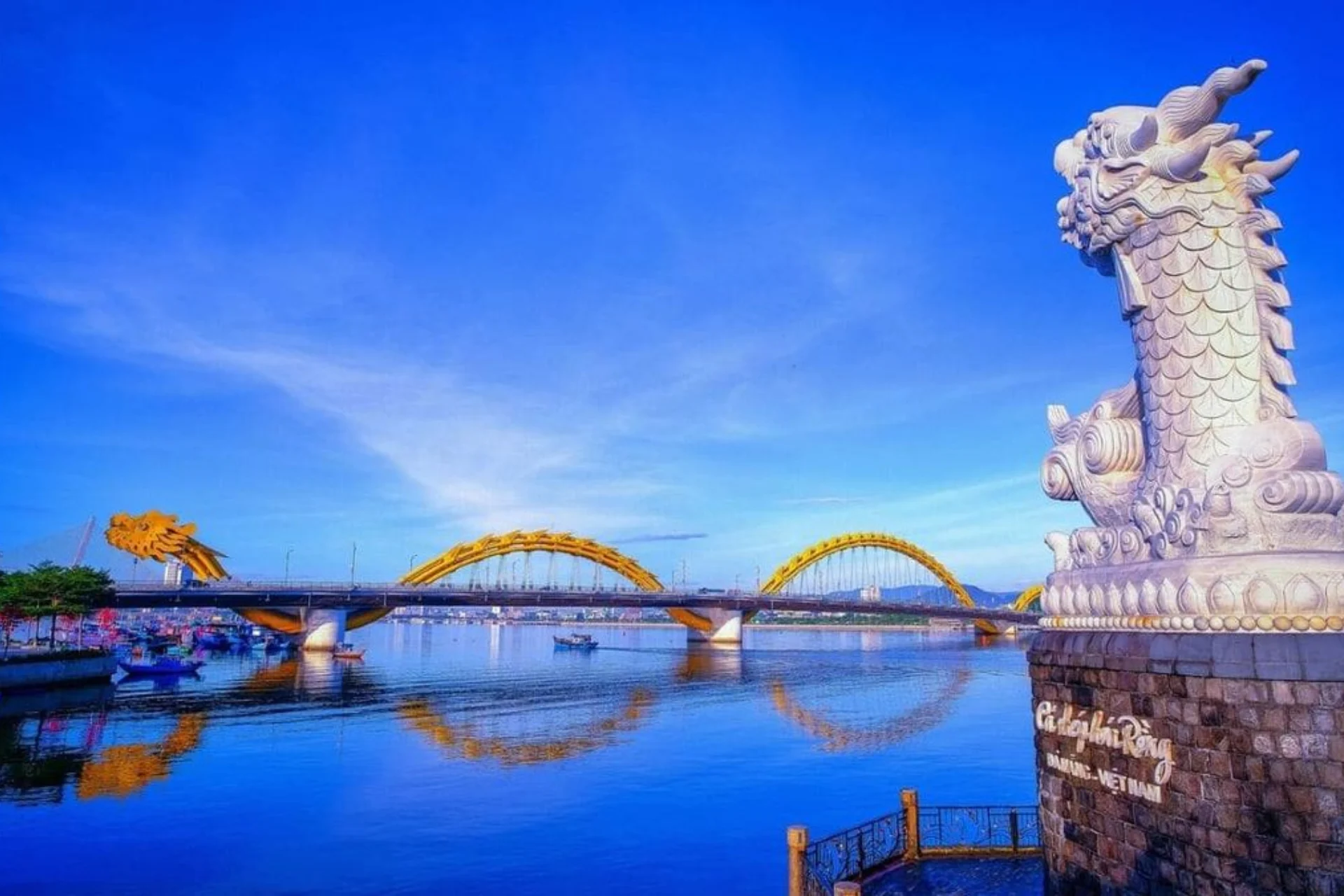 Dragon statue and golden bridge at Da Nang Vietnam