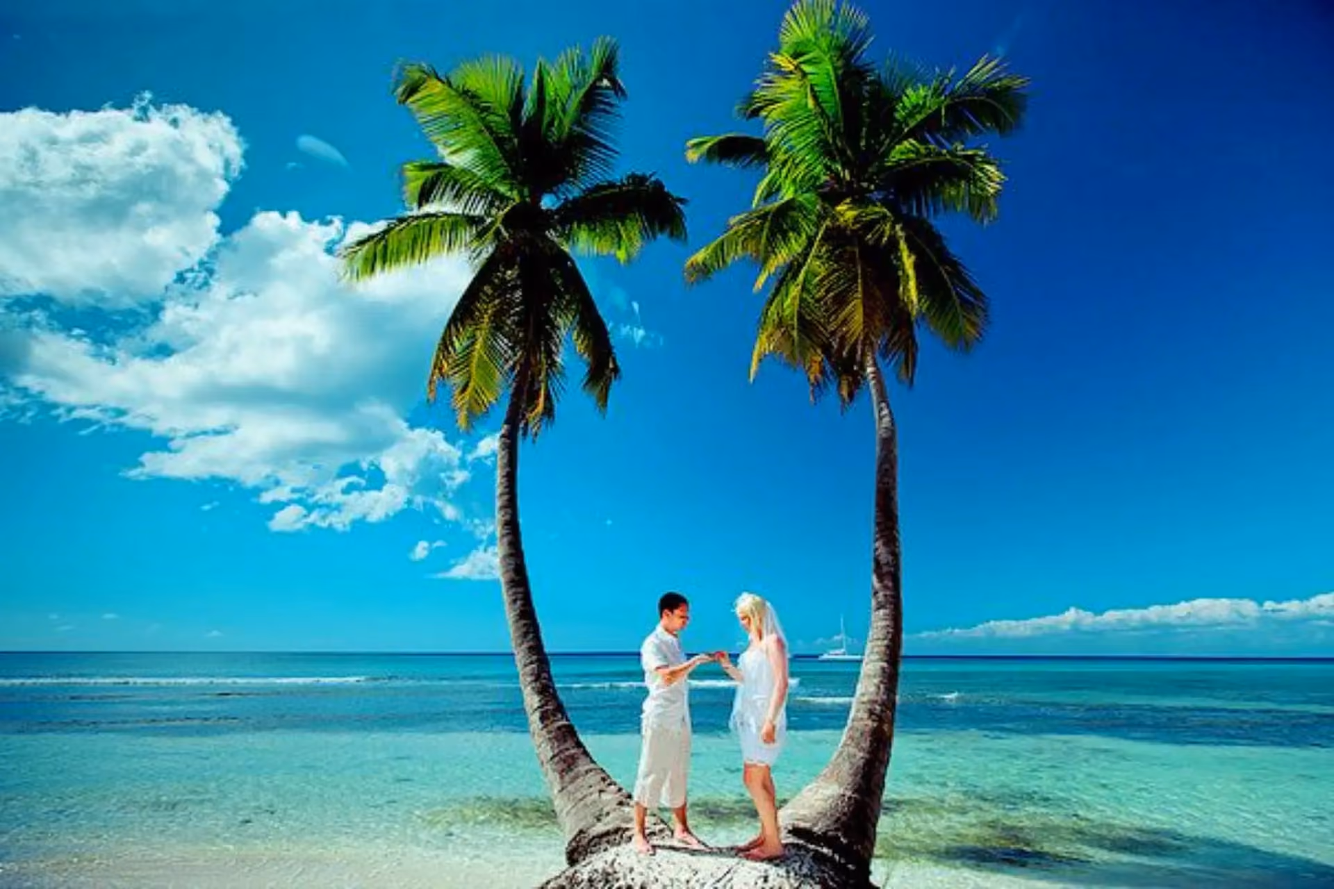 Couple standing between palm trees on Phu Quoc beach
