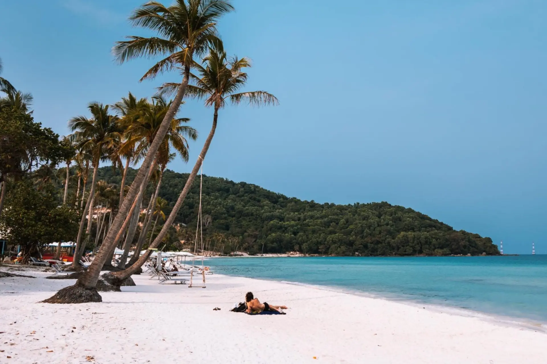 Phu Quoc beach with palm trees and clear blue water