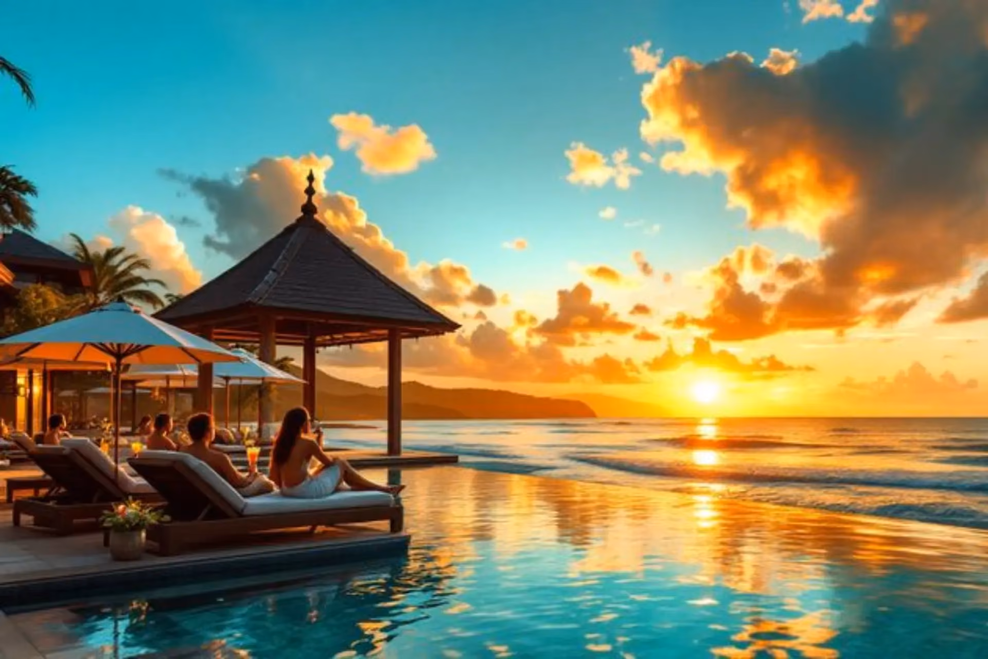 Bali sunset with people relaxing by the pool