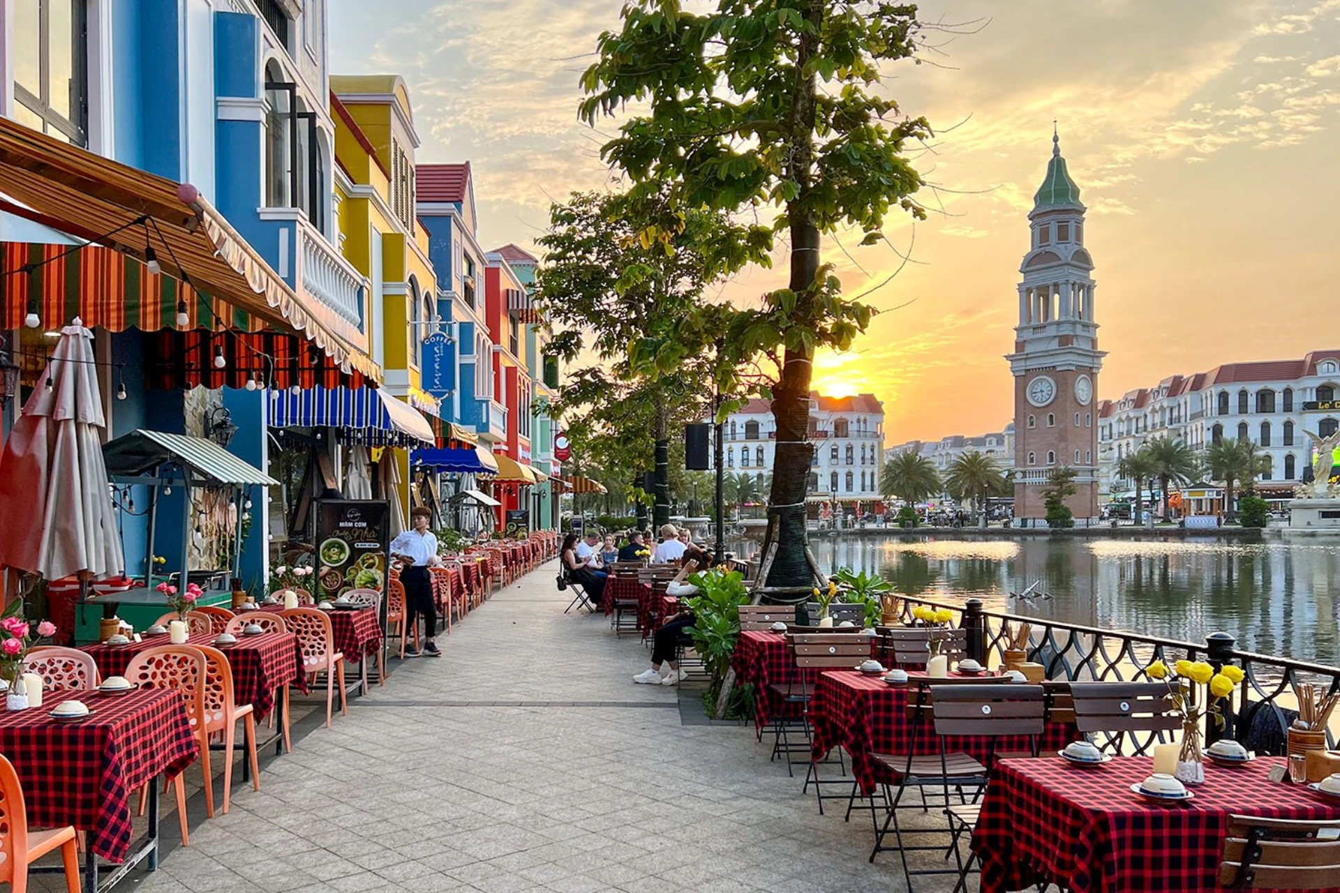 Waterfront restaurants at sunset in Phu Quoc City