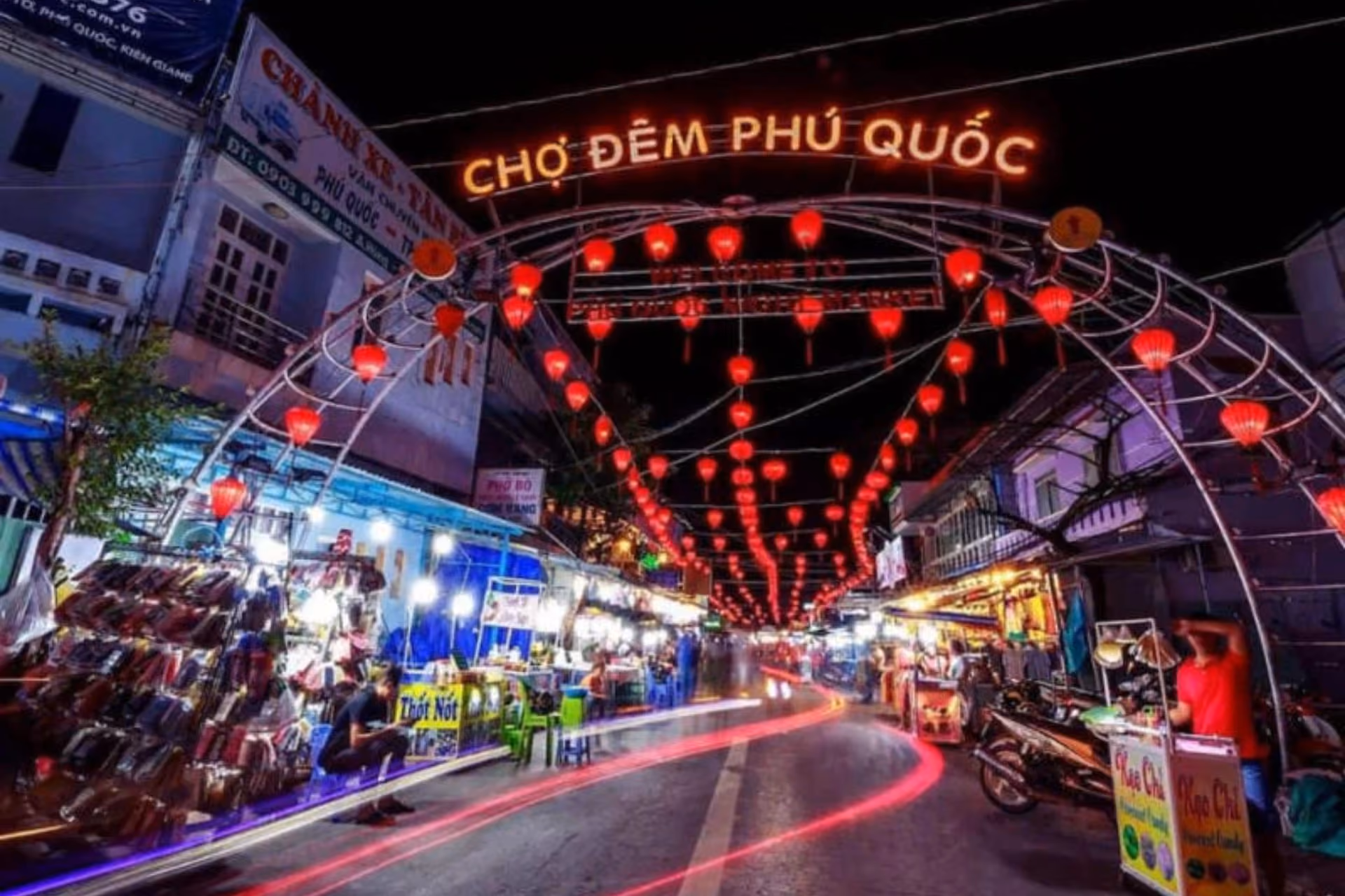 Night market street in Phu Quoc with red lanterns