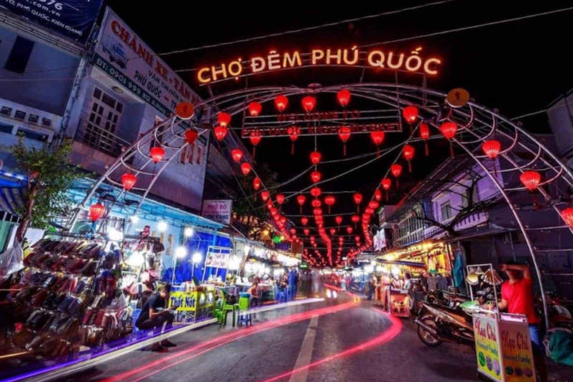 Night market street in Phu Quoc with red lanterns