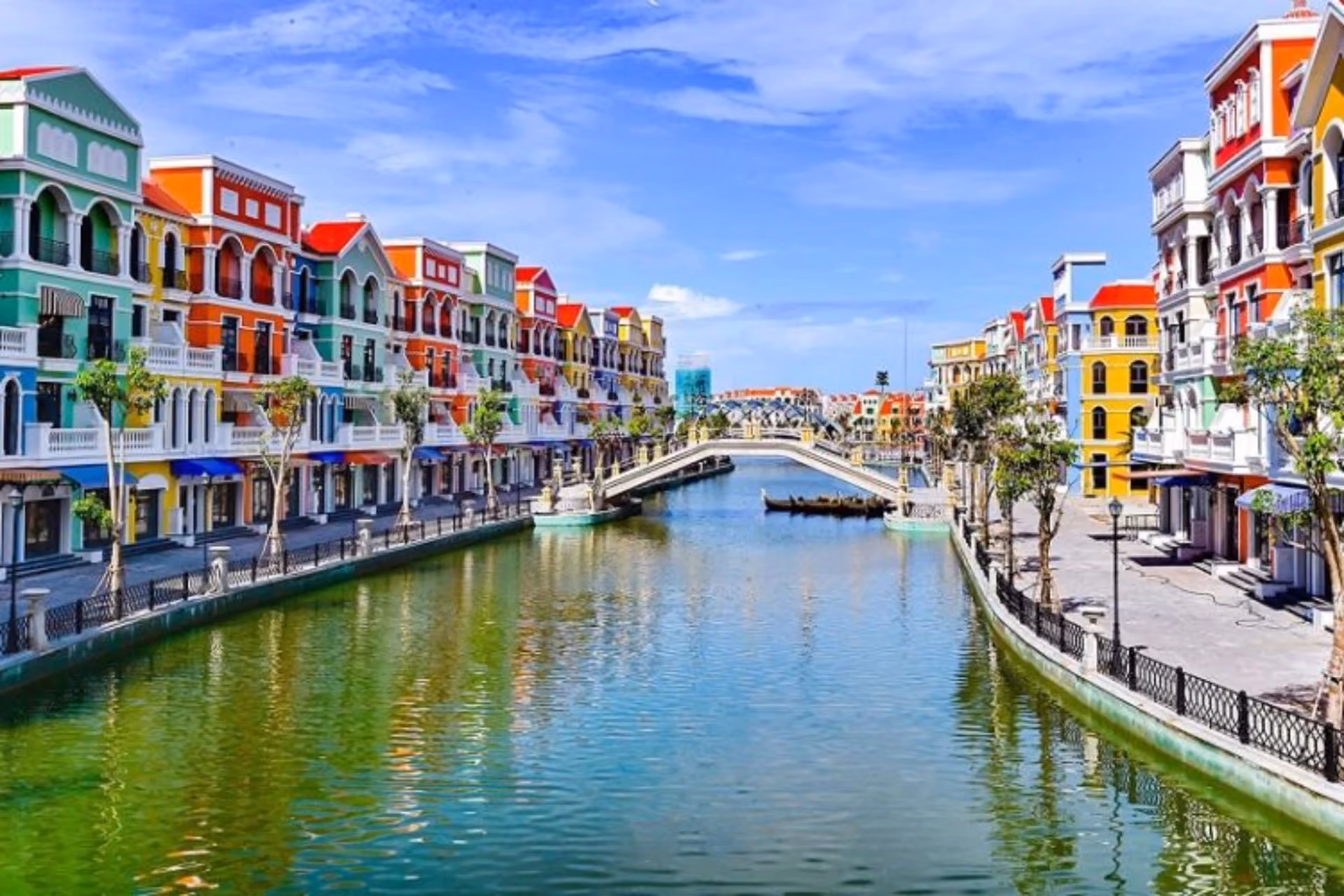Colorful buildings line canal in Phu Quoc Vietnam