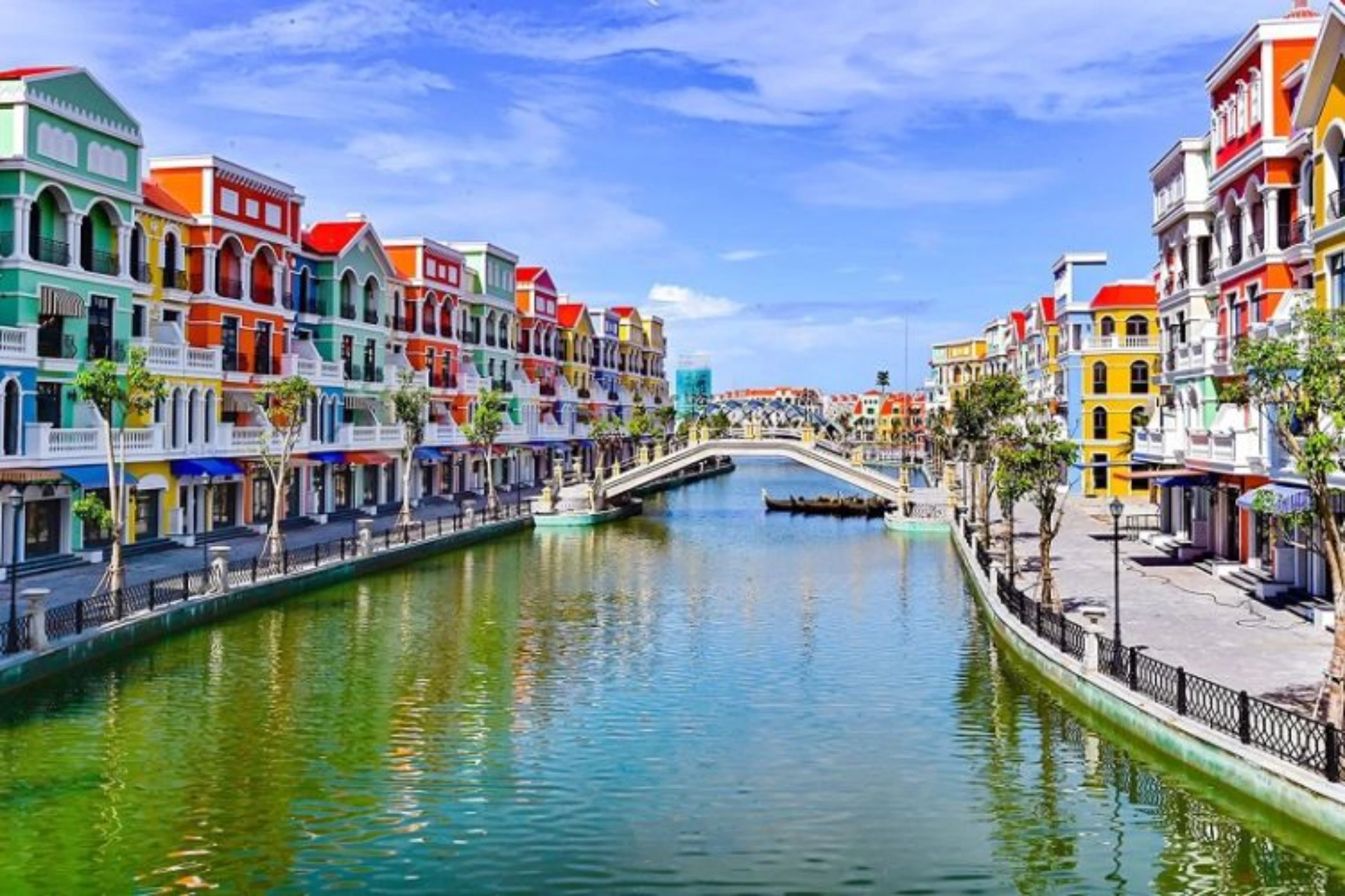 Colorful buildings line canal in Phu Quoc Vietnam