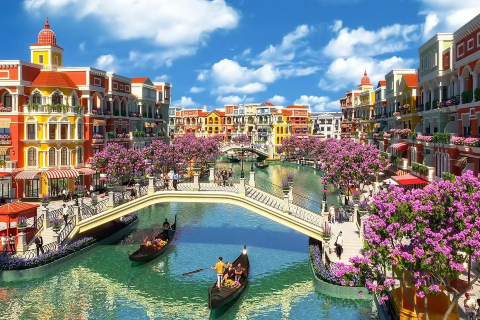 Colorful buildings and boats on canal at Vietnam Grand World