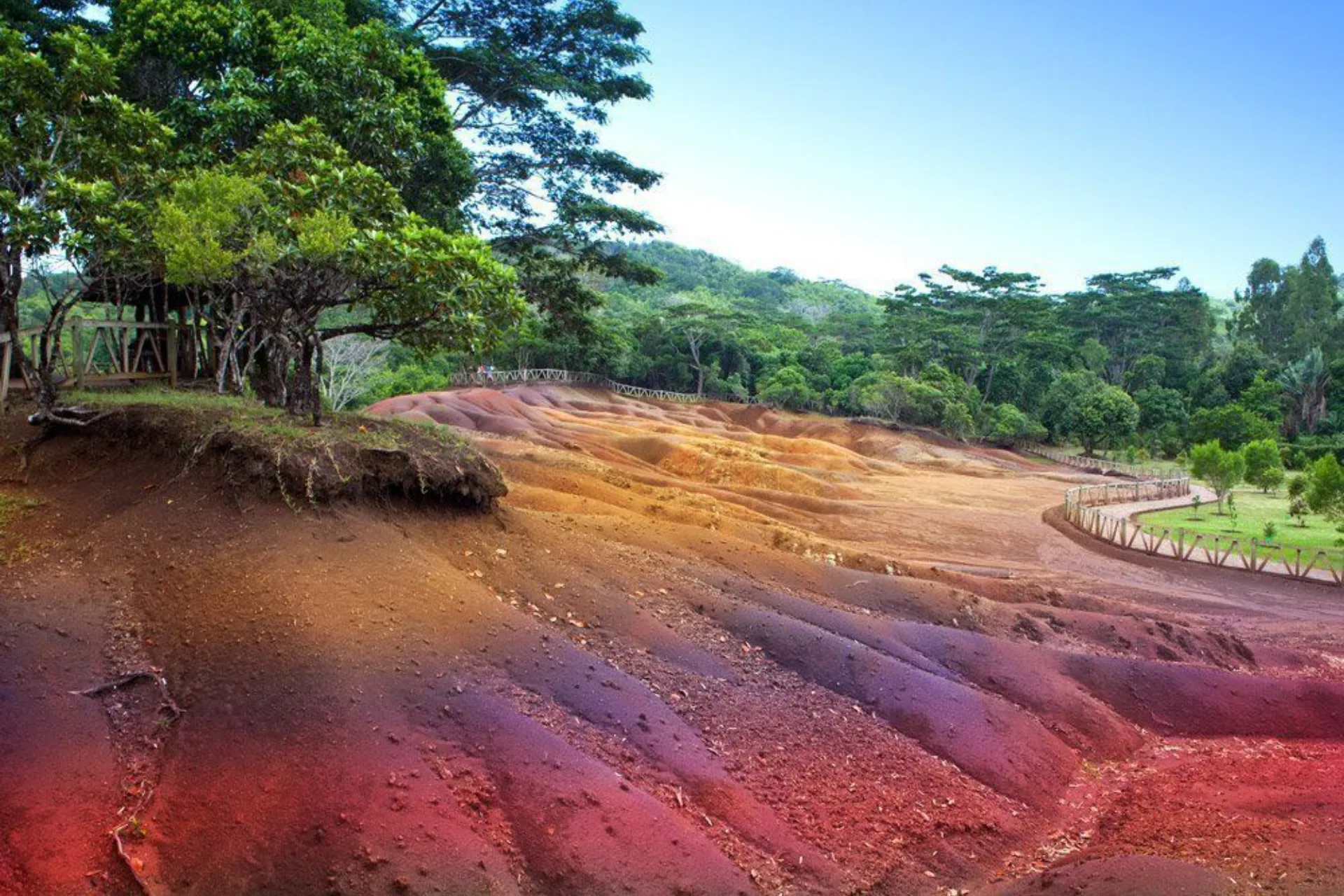 Colorful striped earth landscape in Mauritius with green trees
