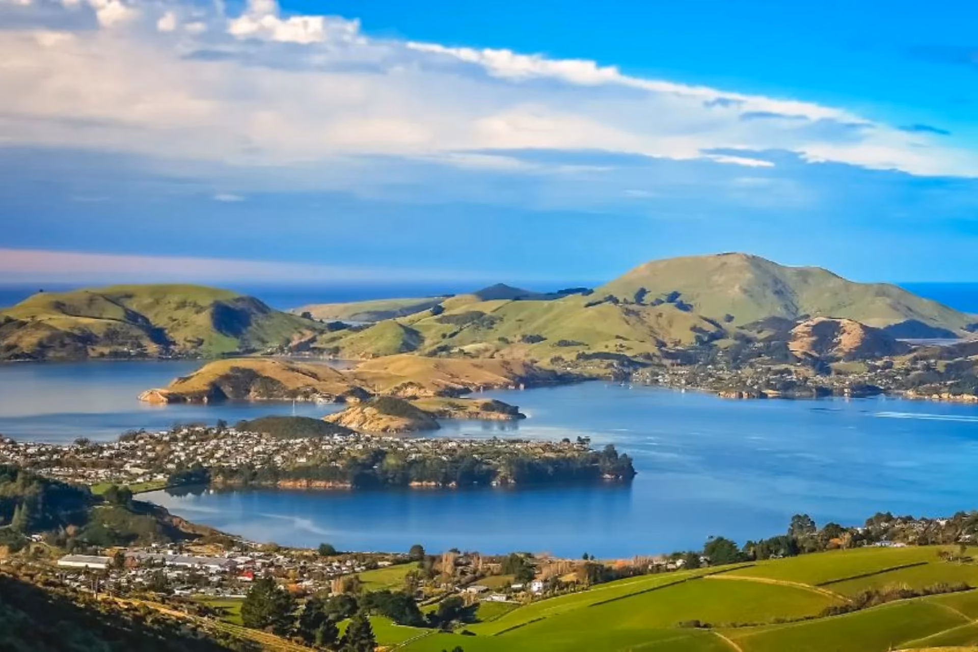 Dunedin city surrounded by blue water and green hills, New Zealand