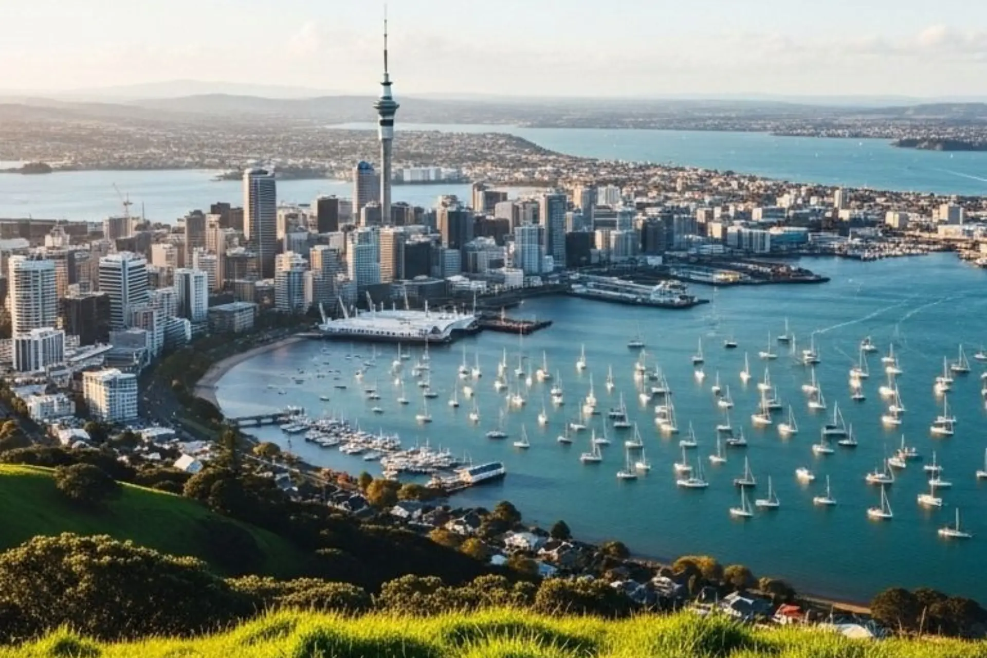 Auckland city skyline with sailboats on blue water