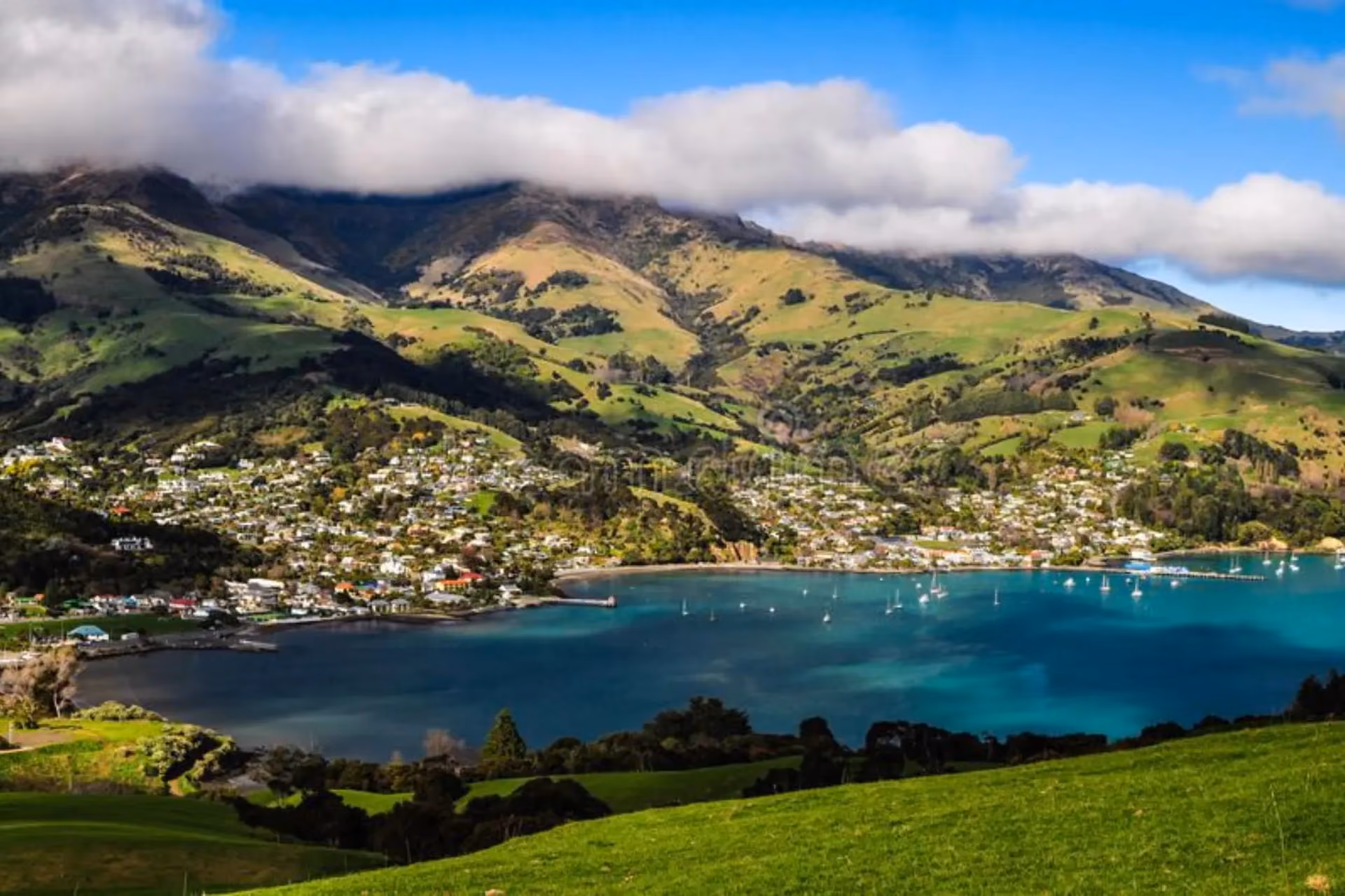 Akaroa town nestled by blue-green bay and green hills