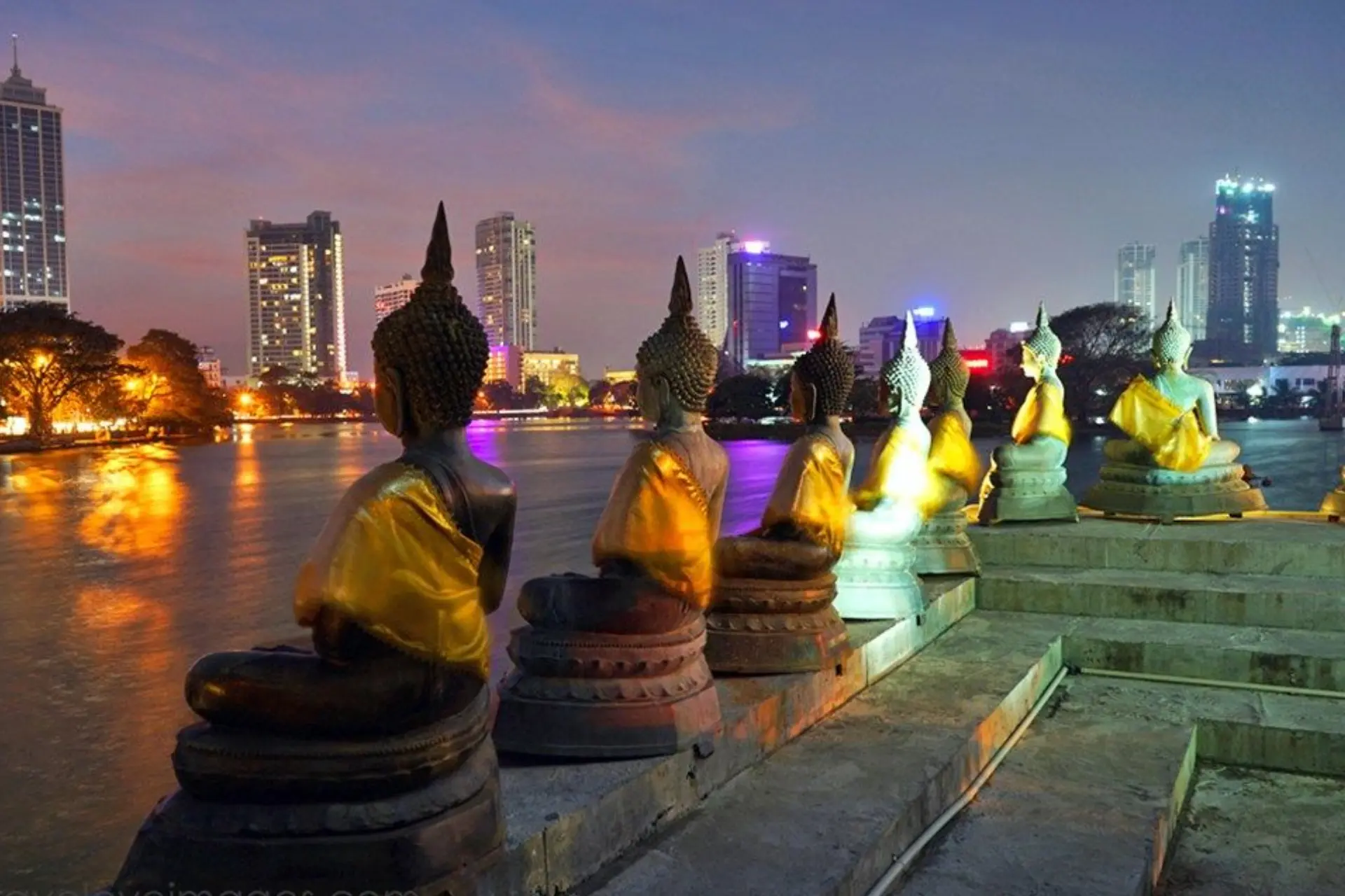 Buddha statues in gold robes along Colombo waterfront at night