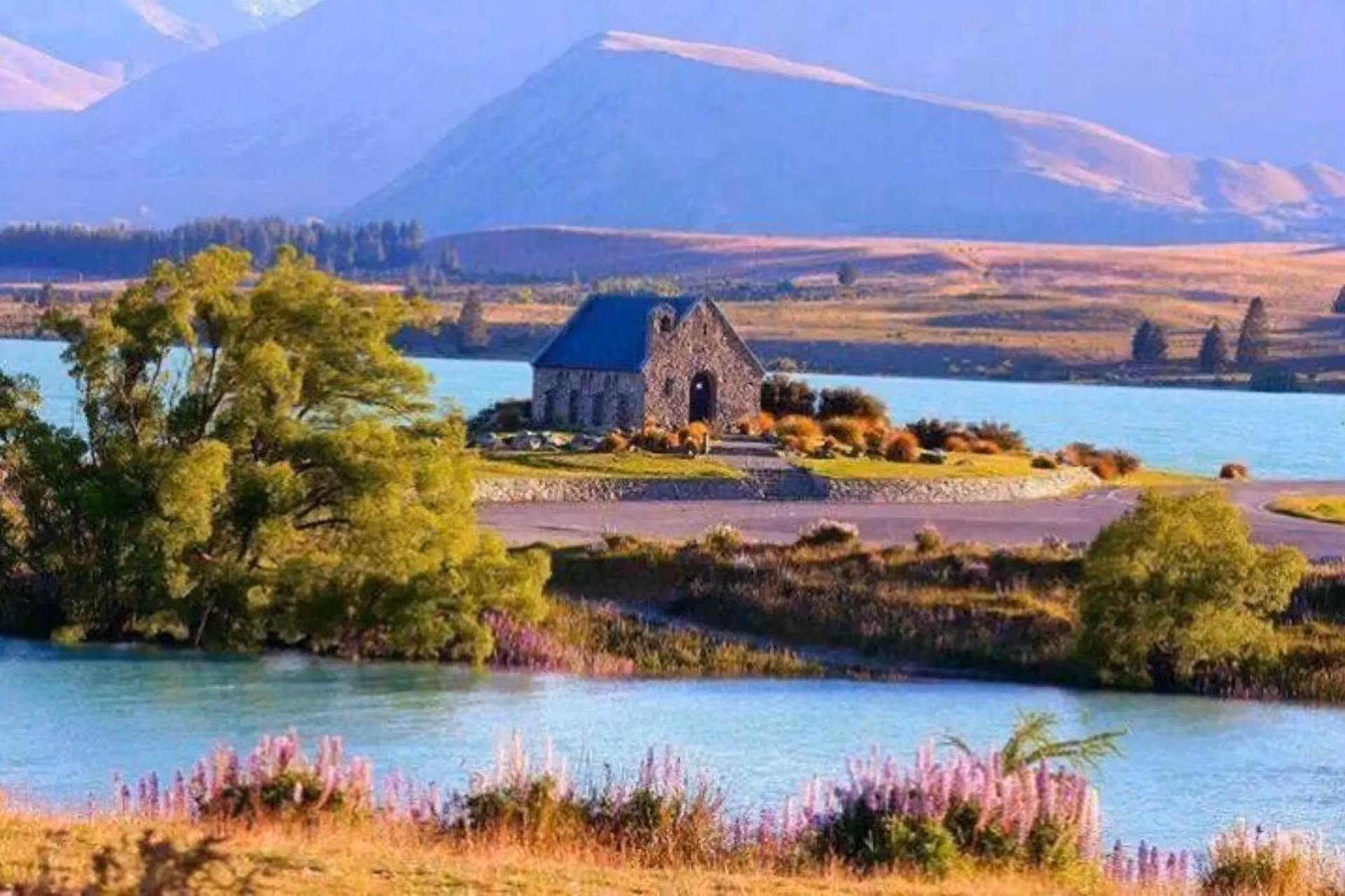 Church of the Good Shepherd beside blue lake, New Zealand
