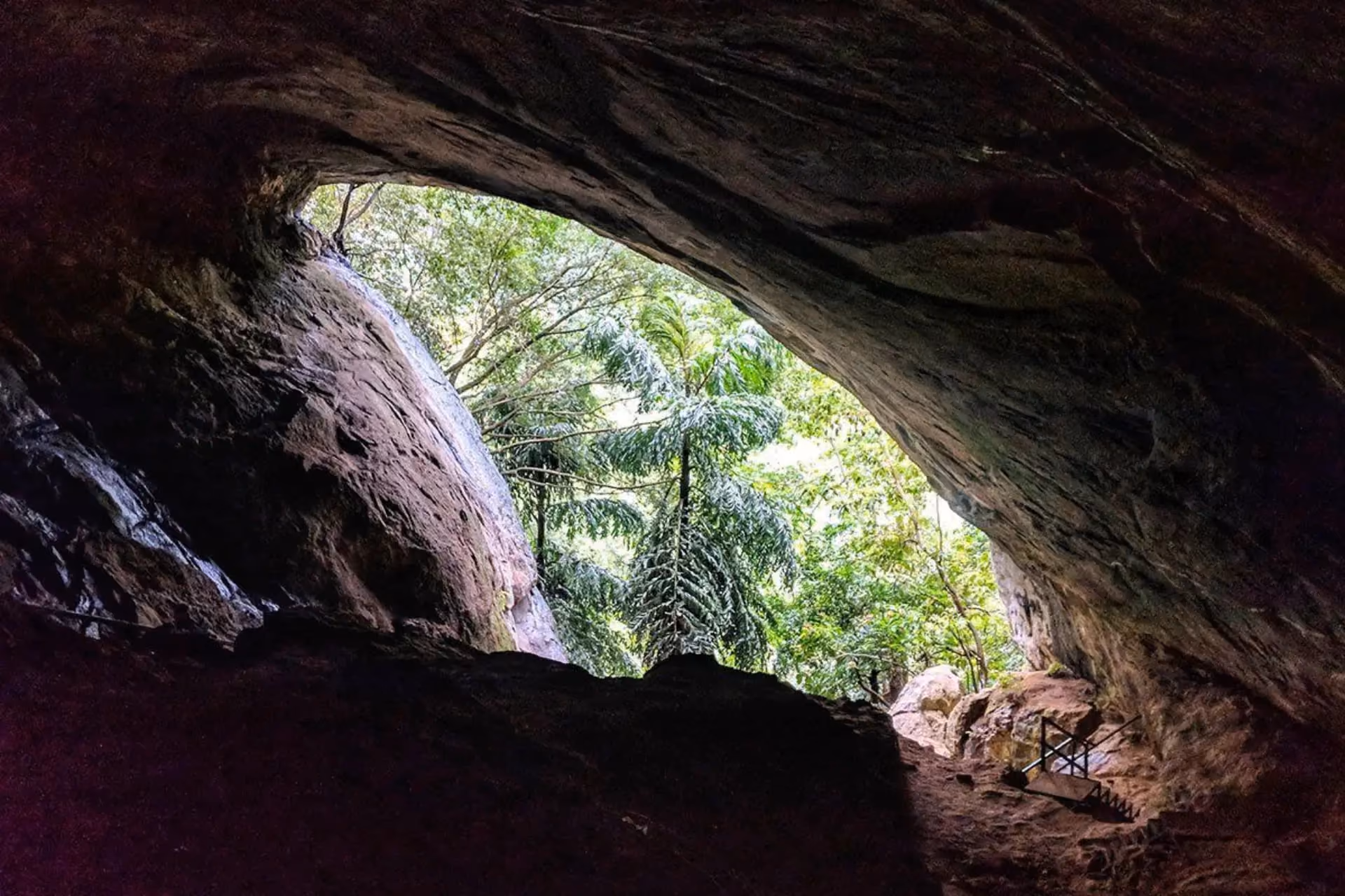 Ravana Cave entrance with jungle trees and green plants visible