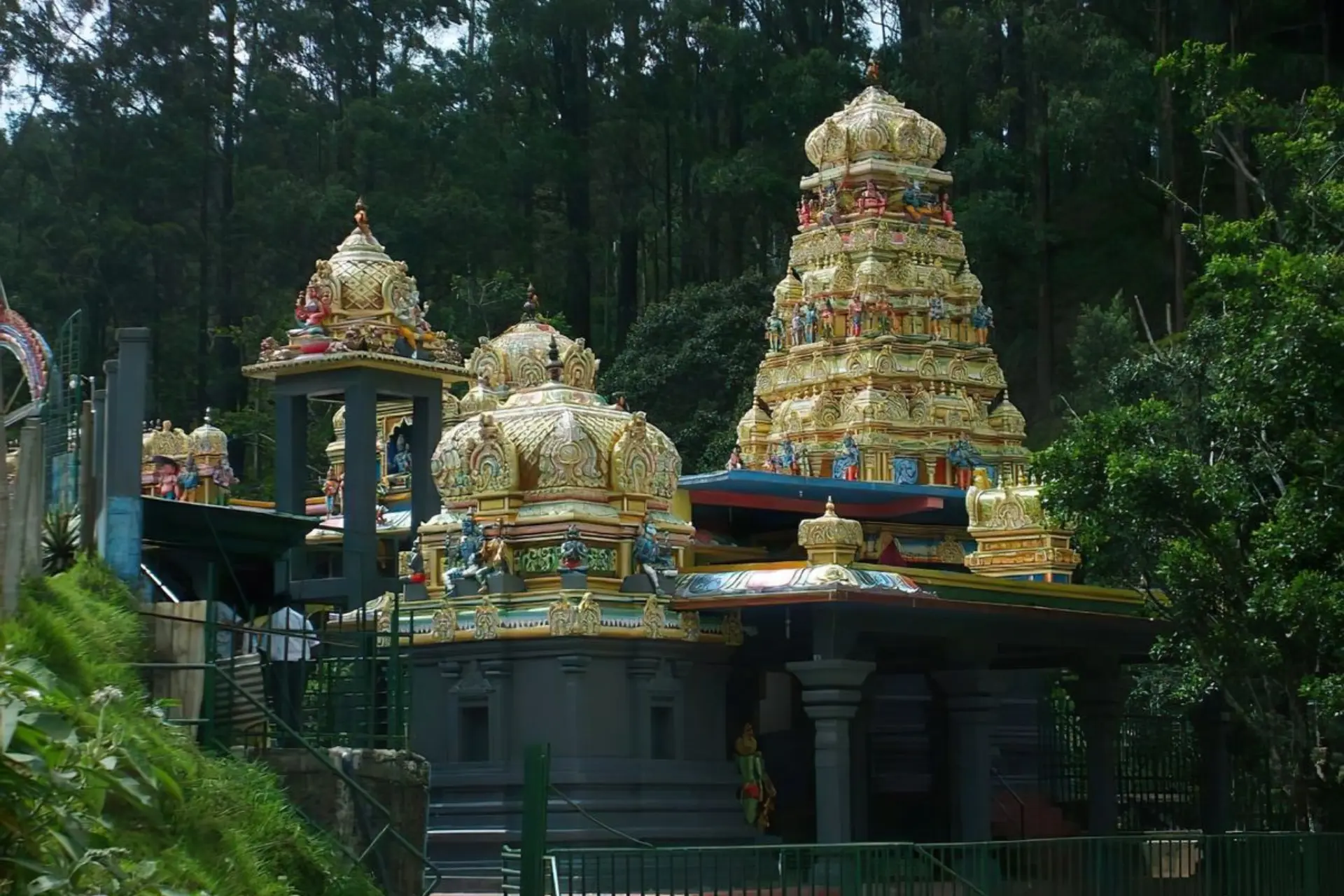 Sita Amman Temple with gold domes among tall trees